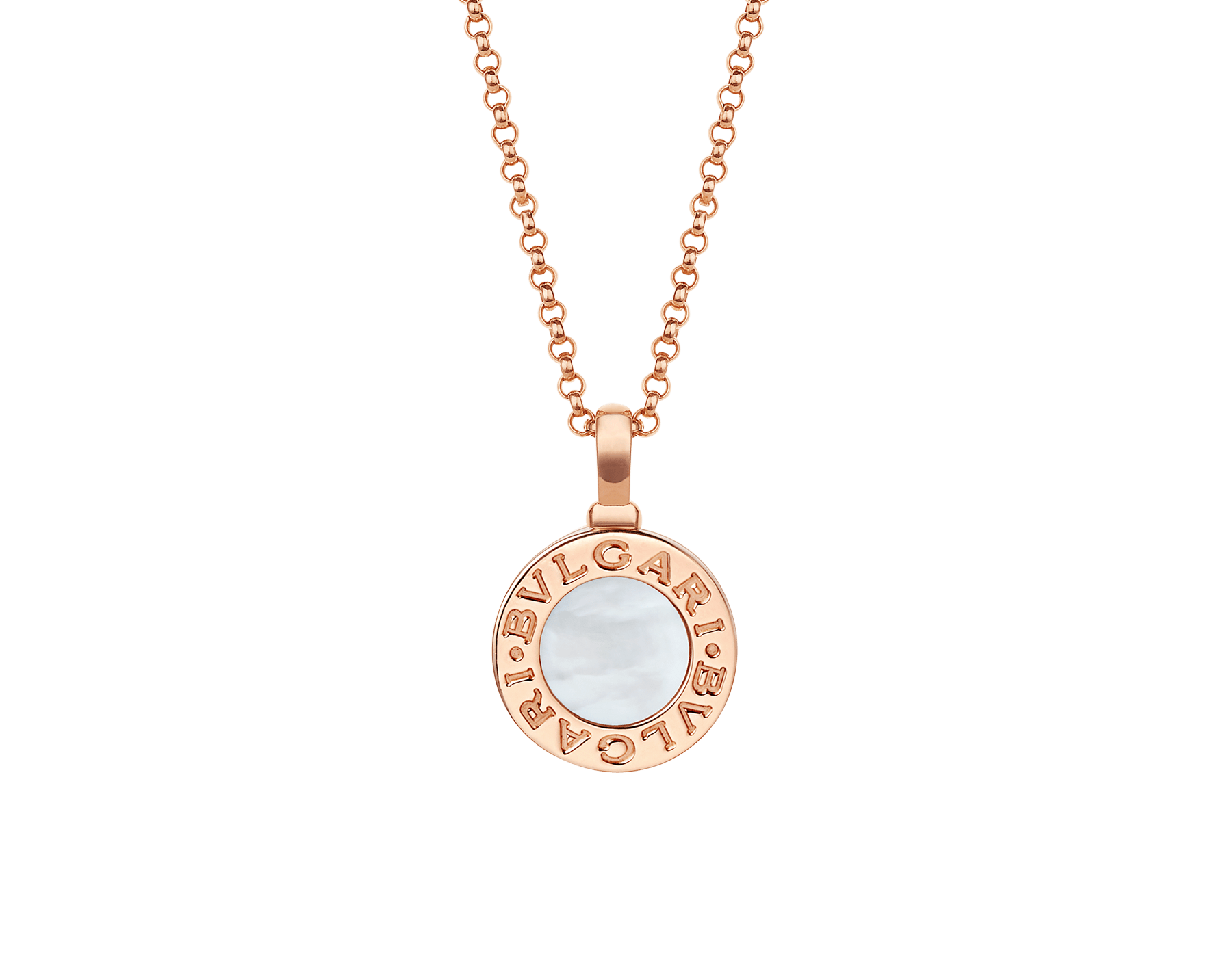 BVLGARI BVLGARI 18 kt rose gold circle pendant necklace with chain set with white mother-of-pearl insert, customizable with engraving on the back 358376 image 1