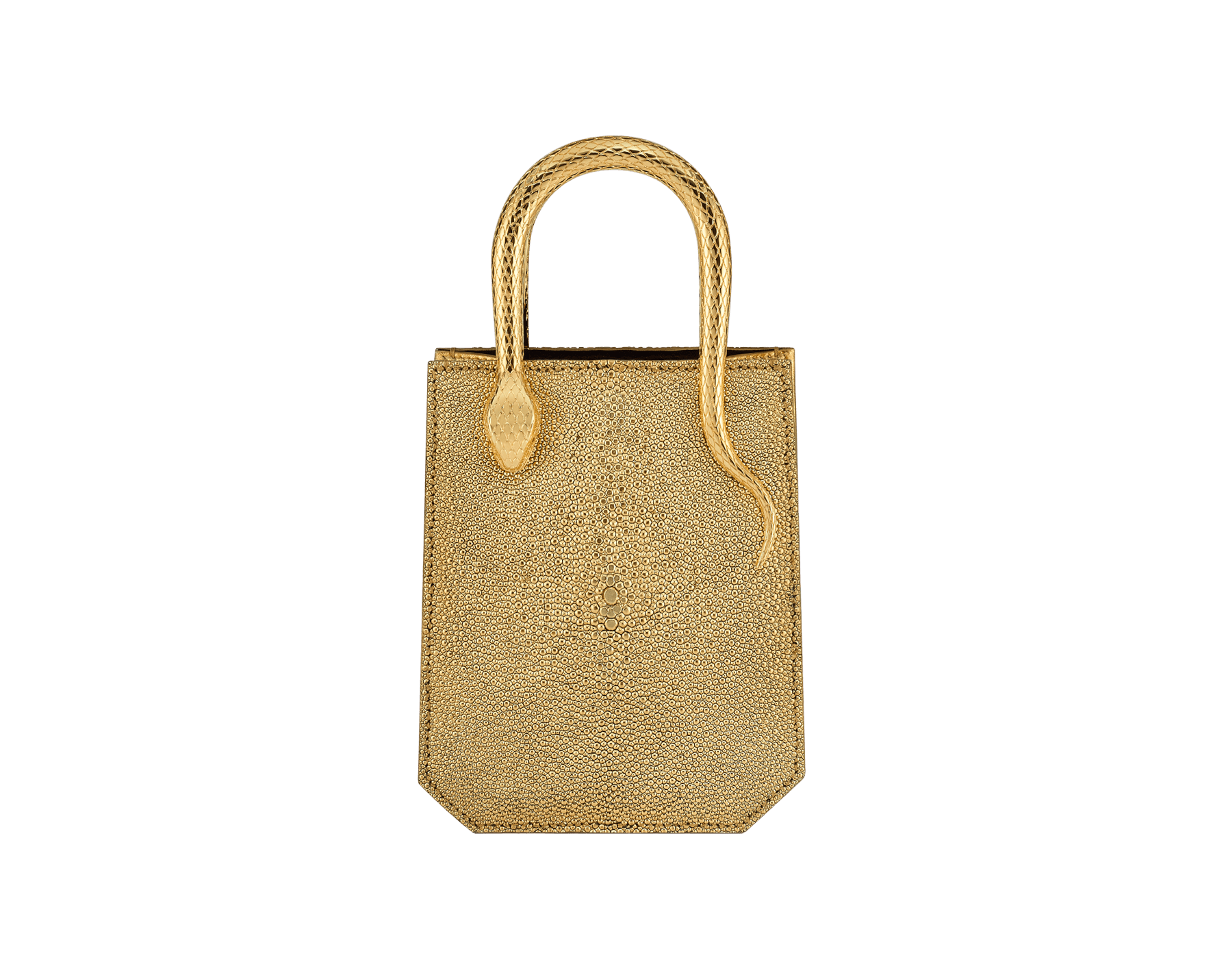 Serpentine mini tote bag in gold galuchat skin with 24 kt gold treatment, shiny gold Mirage nappa leather sides and black nappa leather lining. Captivating snake-shaped handles in gold-plated brass including 3 µ of 24 kt gold, embellished with engraved scales and red enamel eyes. Exclusive Bulgari 50th anniversary in the US Edition. 292705 image 1