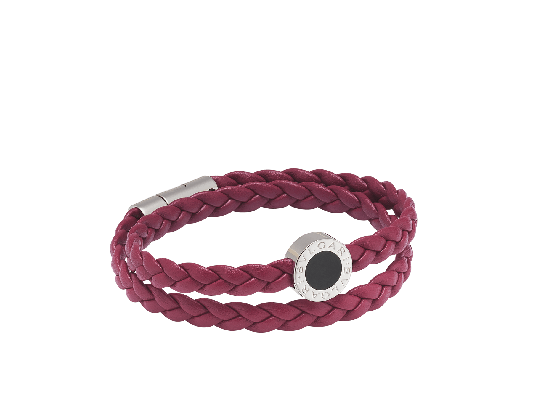 BULGARI BULGARI Man bracelet in anemone spinel pinkish red braided calf leather with palladium-plated brass clasp closure. Iconic embellishment in palladium-plated brass embellished with matte black enamel. LOGOBRAID-WCL-AS image 1