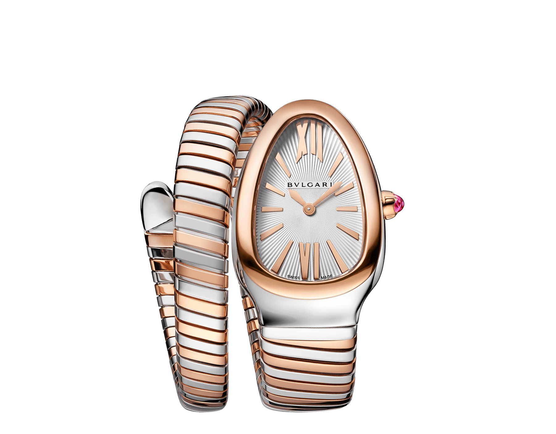 Serpenti Tubogas single-spiral watch in 18 kt rose gold and stainless steel with white opaline dial with guilloché soleil treatment. Water-resistant up to 30 meters. 103708 image 1