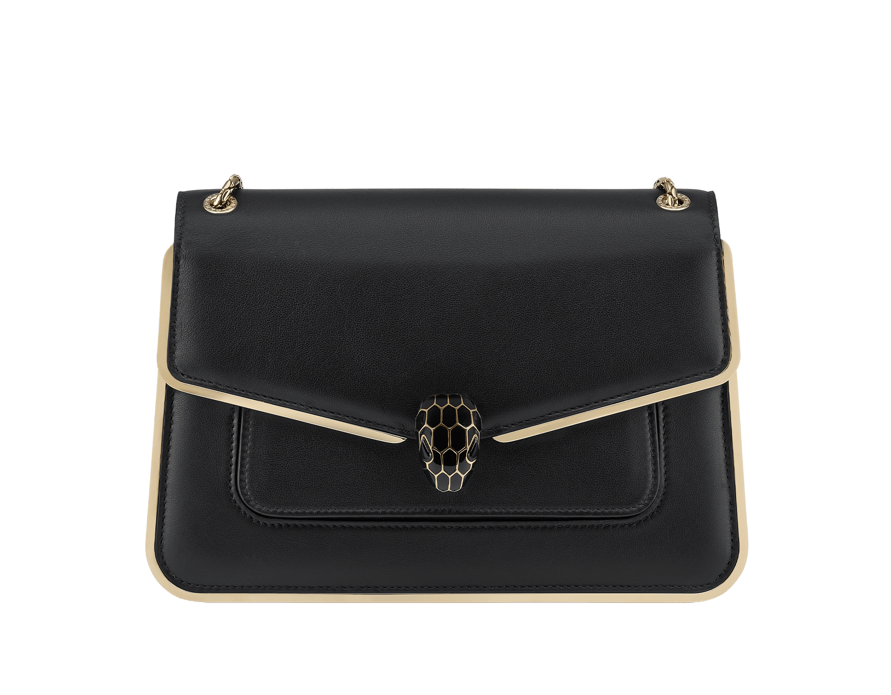 Serpenti Forever medium shoulder bag in black Metropolitan calf leather with light gold-plated brass frames and black nappa leather lining. Captivating snakehead magnetic closure in light gold-plated brass embellished with black enamel scales, and black onyx eyes. 1077-MF image 1