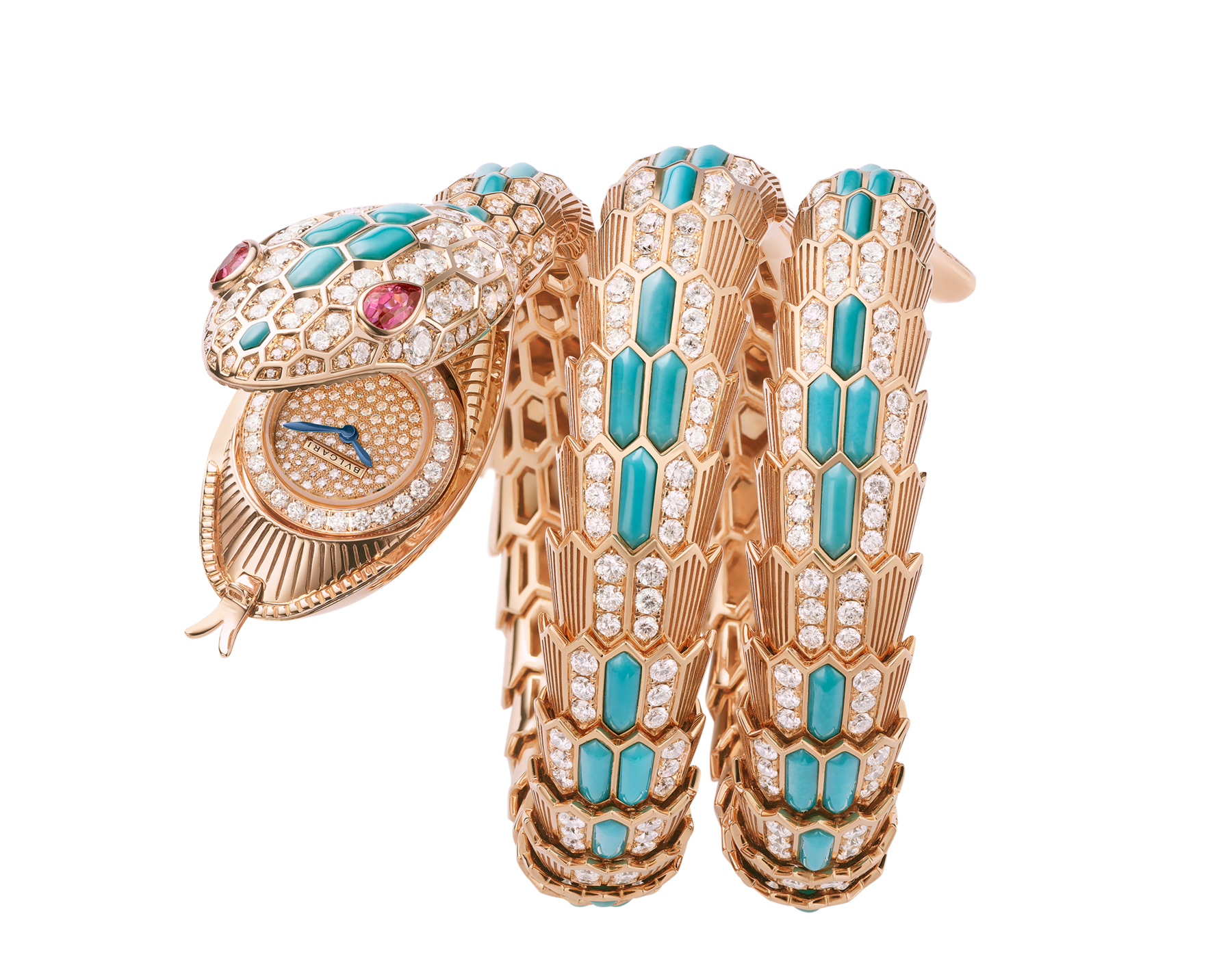 Serpenti Misteriosi High Jewellery Secret Uhr mit mechanischem Mikro-Manufakturwerk mit Handaufzug, Gehäuse und Armband aus 18 Karat Roségold mit Türkis-Intarsien, Diamanten im Brillantschliff und zwei Rubelliten im Tropfenschliff sowie Zifferblatt mit Diamant-Pavé. 103558 image 1