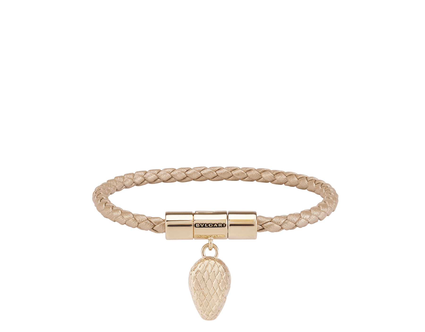 Serpenti Forever 手環，採用香檳色編穗小牛皮。迷人的淡金色黃銅蛇頭吊墜連接在前側扣環上。 SERP-HERBRAID-WCL-C image 1
