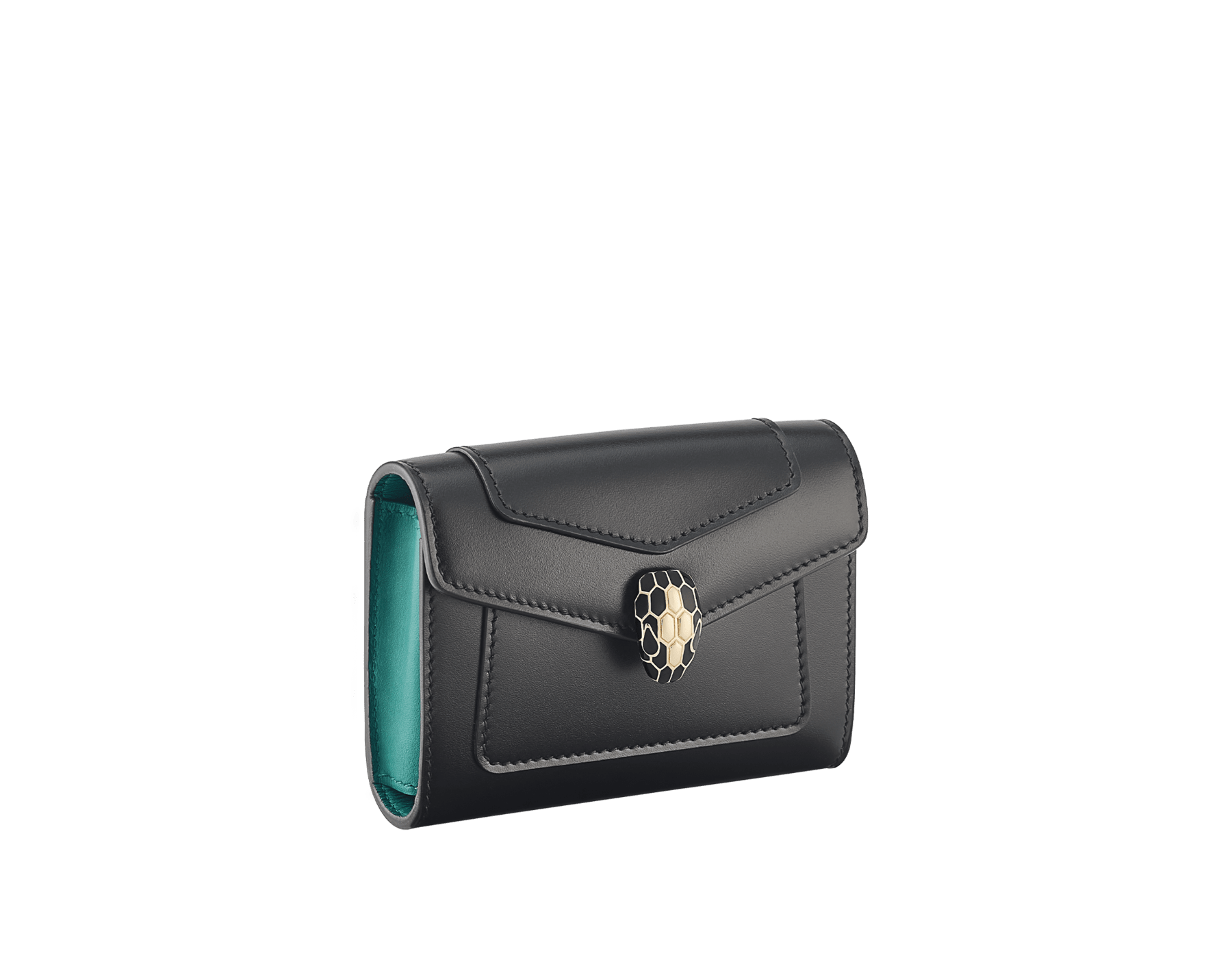 Porta biglietti da visita Serpenti Forever in vitello nero con interno in nappa verde smeraldo. Accattivante chiusura a pressione Serpenti in ottone placcato oro chiaro con squame in smalto nero e occhi in smalto nero. 295327 image 1
