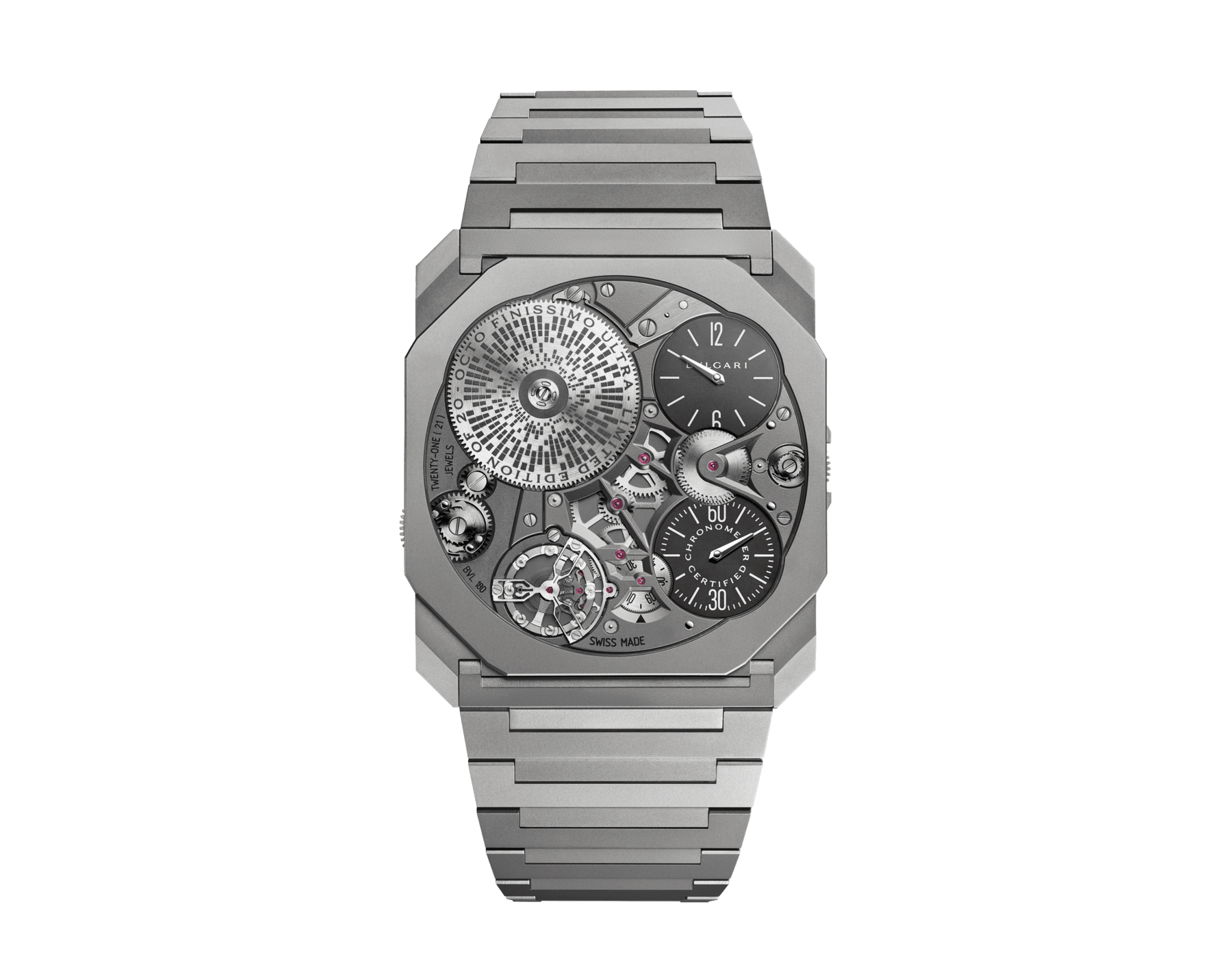 Octo Finissimo Ultra COSC Uhr mit extraflachem mechanischen Manufakturwerk mit COSC-Zertifizierung, Handaufzug, Gehäuse (1,70 mm hoch) und Armband (1,50 mm hoch) aus sandgestrahltem Titan, skelettiertes Zifferblatt und Sperrrad aus sandgestrahltem Edelstahl. Limitierte Auflage von 20 Exemplaren. 104081 image 1