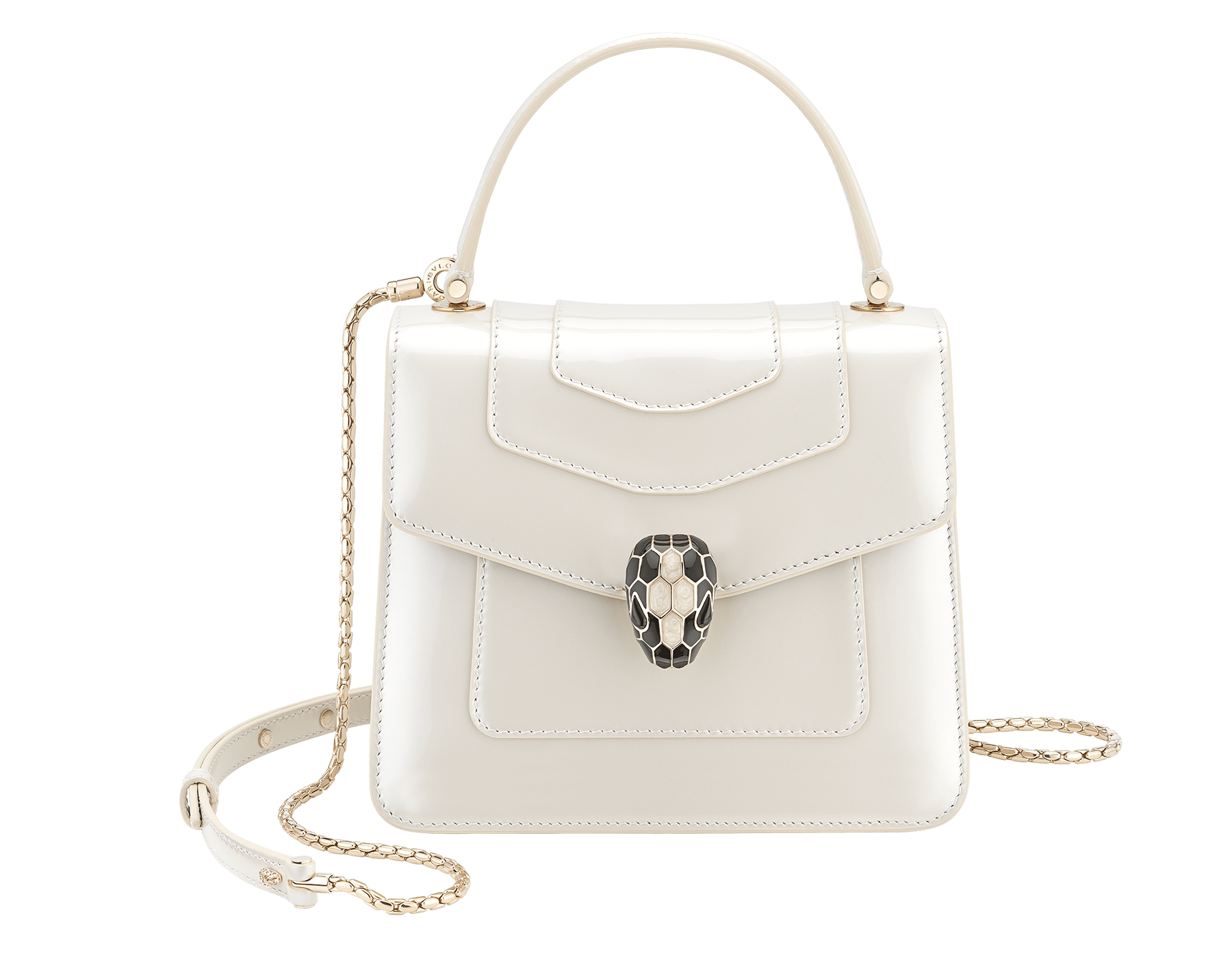 “Serpenti Forever ” top handle bag in white agate calf leather with a varnished and pearled effect, and black gros grain internal lining. Tempting snakehead closure in light gold plated brass enriched with black and pearled white agate enamel and black onyx eyes 1122-VCL image 1