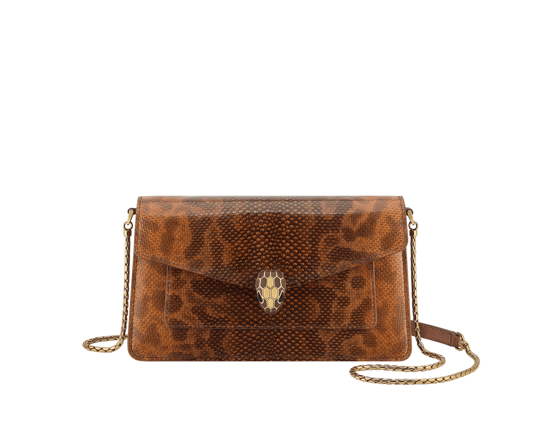 Serpenti Forever small crossbody bag in Smeraldo Prezioso shiny karung with Smeraldo Prezioso nappa leather lining. Captivating snakehead magnetic closure in gold-plated brass embellished with black enamel and gold-plated brass scales, and black onyx eyes. SEA-001-1345S-ex image 1