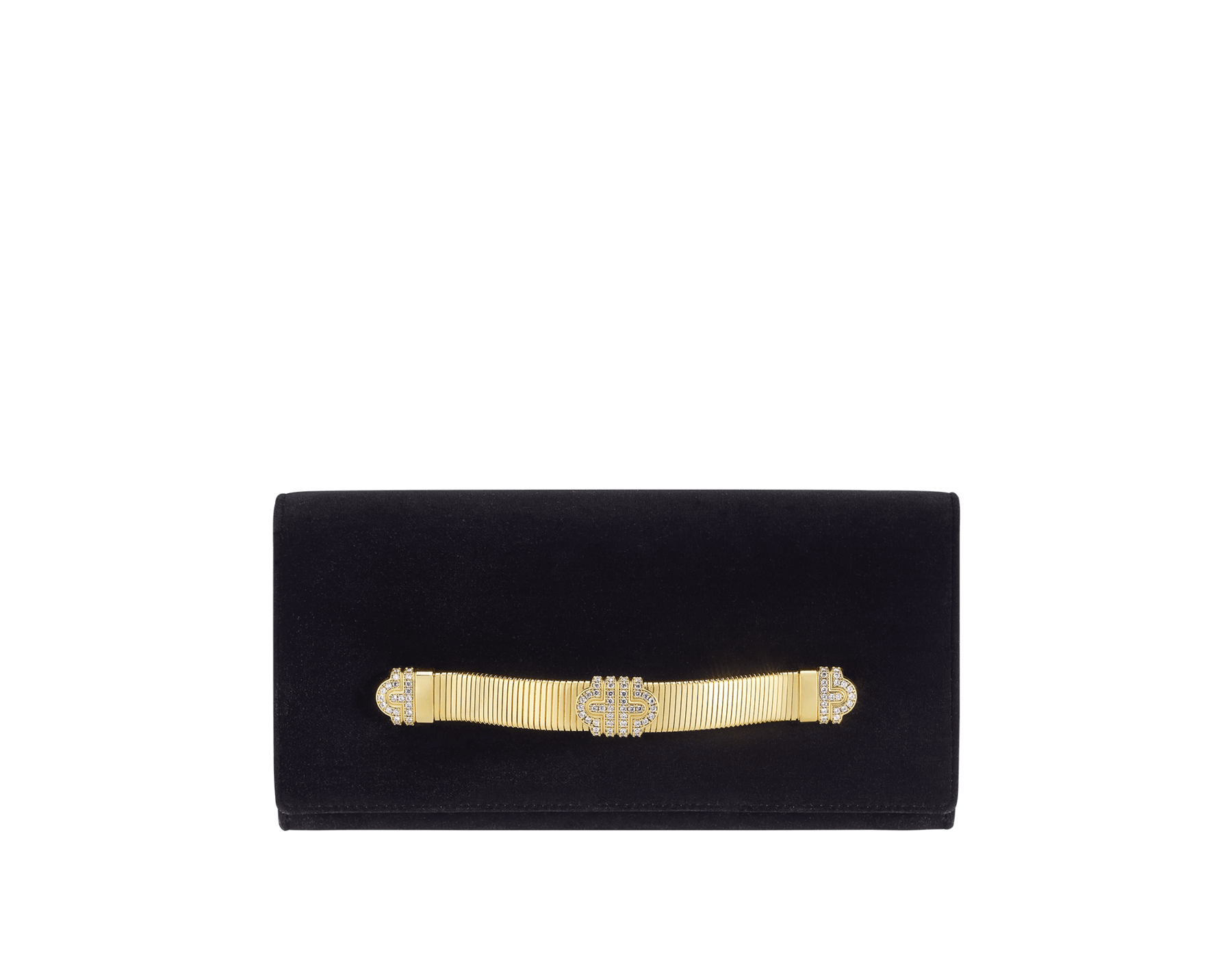 Bvlgari Tubogas evening clutch in black velvet with black nappa leather lining. Iconic Tubogas handle in gold-plated brass embellished with zirconia and a magnetic closure. 295164 image 1