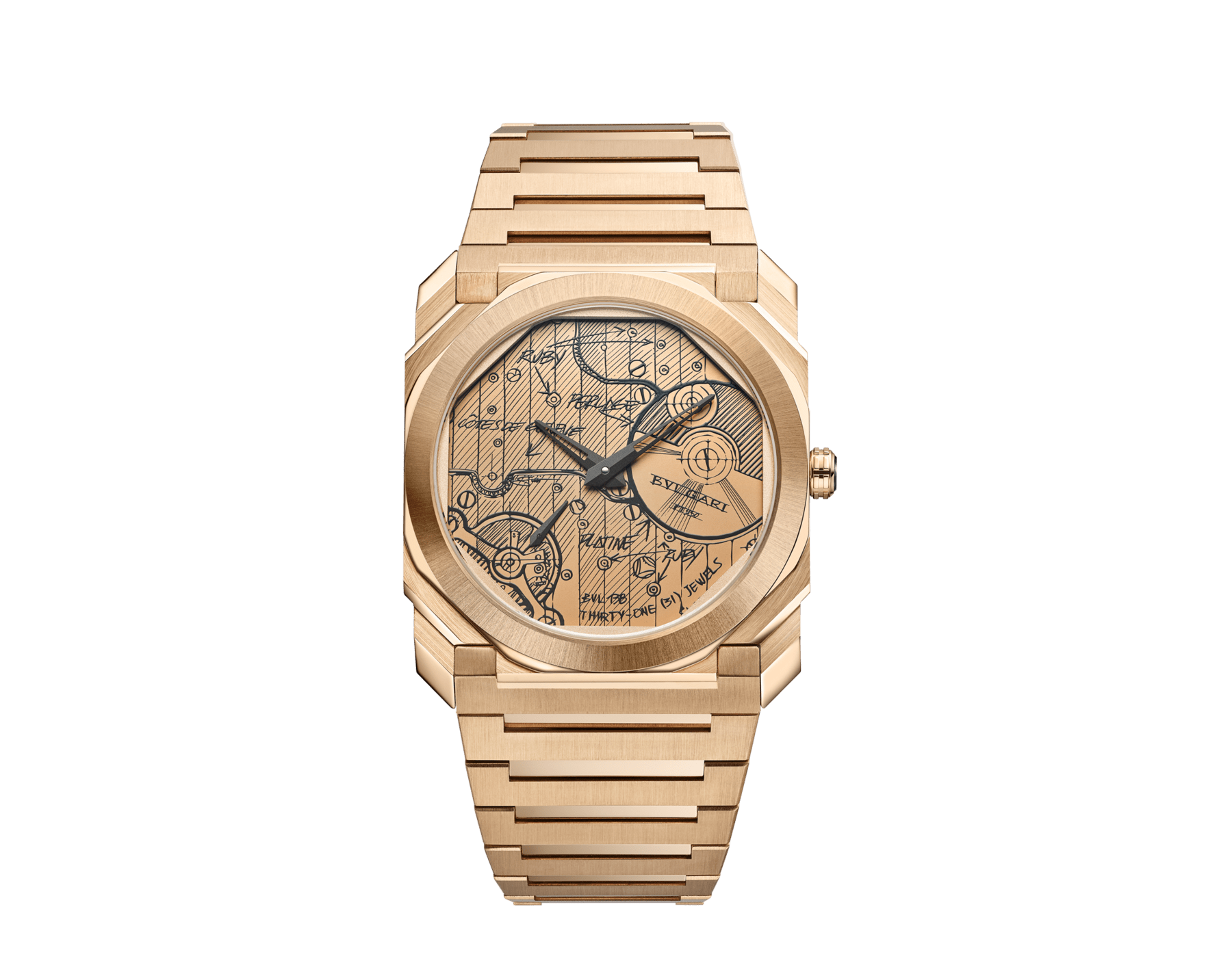 Часы Octo Finissimo Automatic, ультратонкий мануфактурный механизм с автоматическим заводом (толщина 2,23 мм), корпус диаметром 40 мм и браслет из розового золота 18 карат с сатинированными и полированными поверхностями, циферблат из розового золота 18 карат с вертикальным сатинированием, украшенный изображением в виде эскиза часового механизма. Водонепроницаемость до 100 метров. Лимитированная серия из 70 экземпляров 104165 image 1