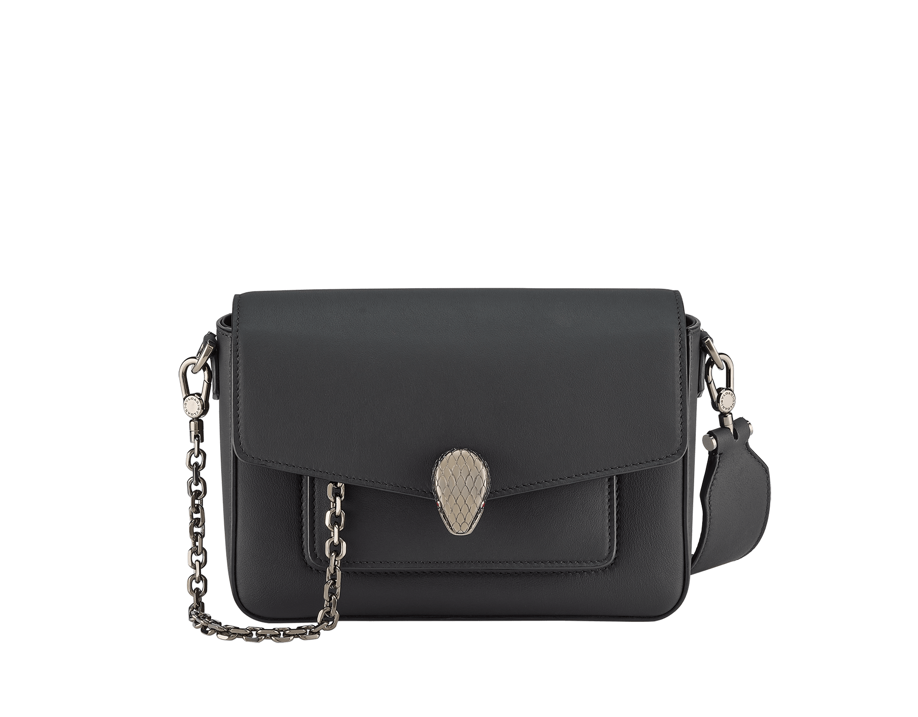 Serpenti Forever small unisex crossbody bag in matt black calf leather with black nappa leather lining and decorative chain. Captivating snakehead closure in dark ruthenium-plated brass embellished with red enamel eyes. 293022 image 1