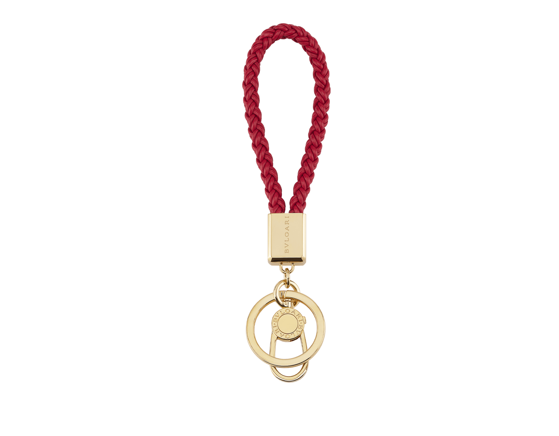 Portachiavi Bvlgari Bvlgari in morbido vitello intrecciato rosso rubino. Moschettone e anello in ottone placcato oro. BB-BRAIDKEYCH image 1
