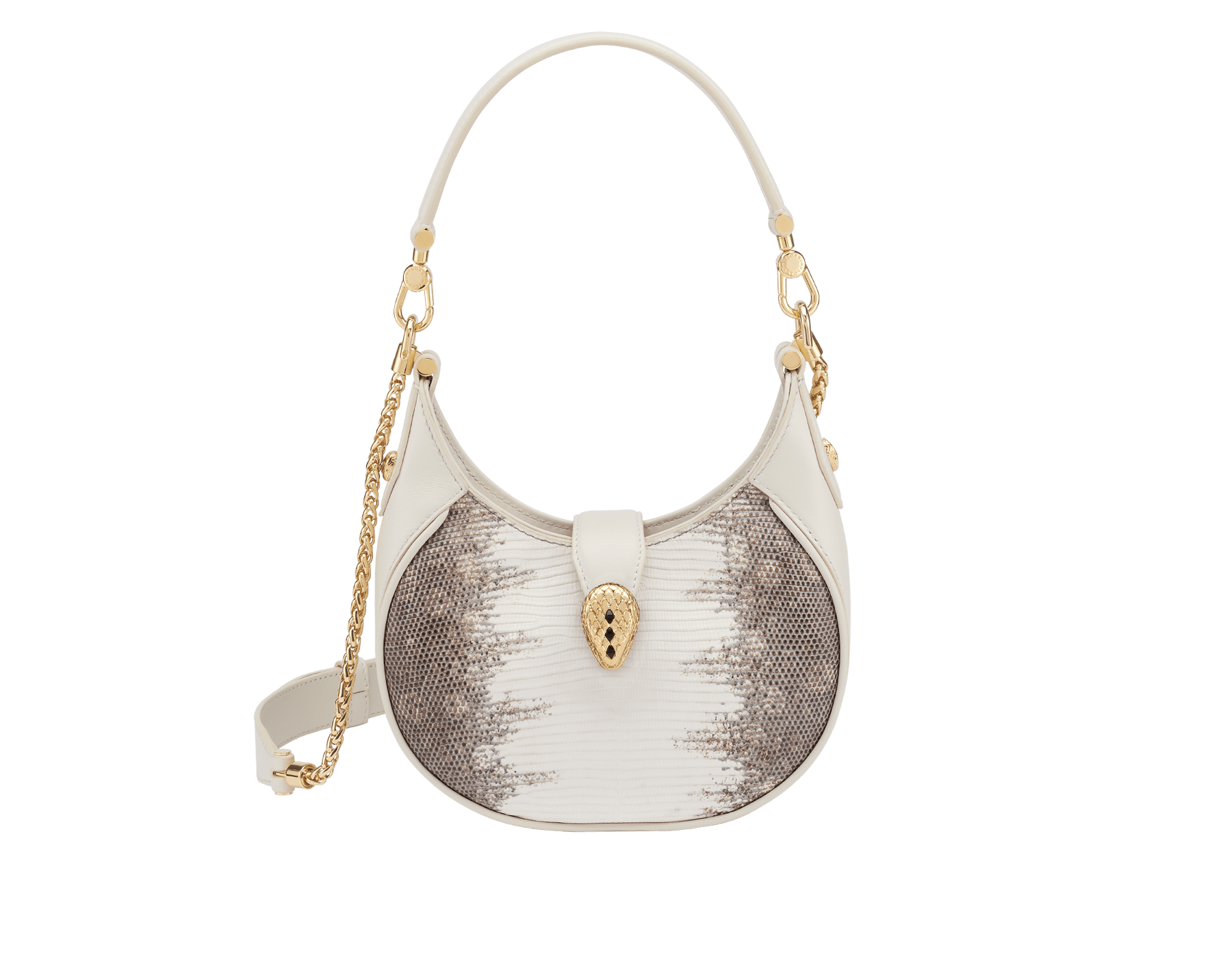 Serpenti Ellipse small crossbody bag in white agate shiny lizard skin with beige and grey shades, and with caramel topaz beige nappa leather lining. Captivating snakehead closure in gold-plated brass embellished with black onyx scales and red enamel eyes. 291738 image 1