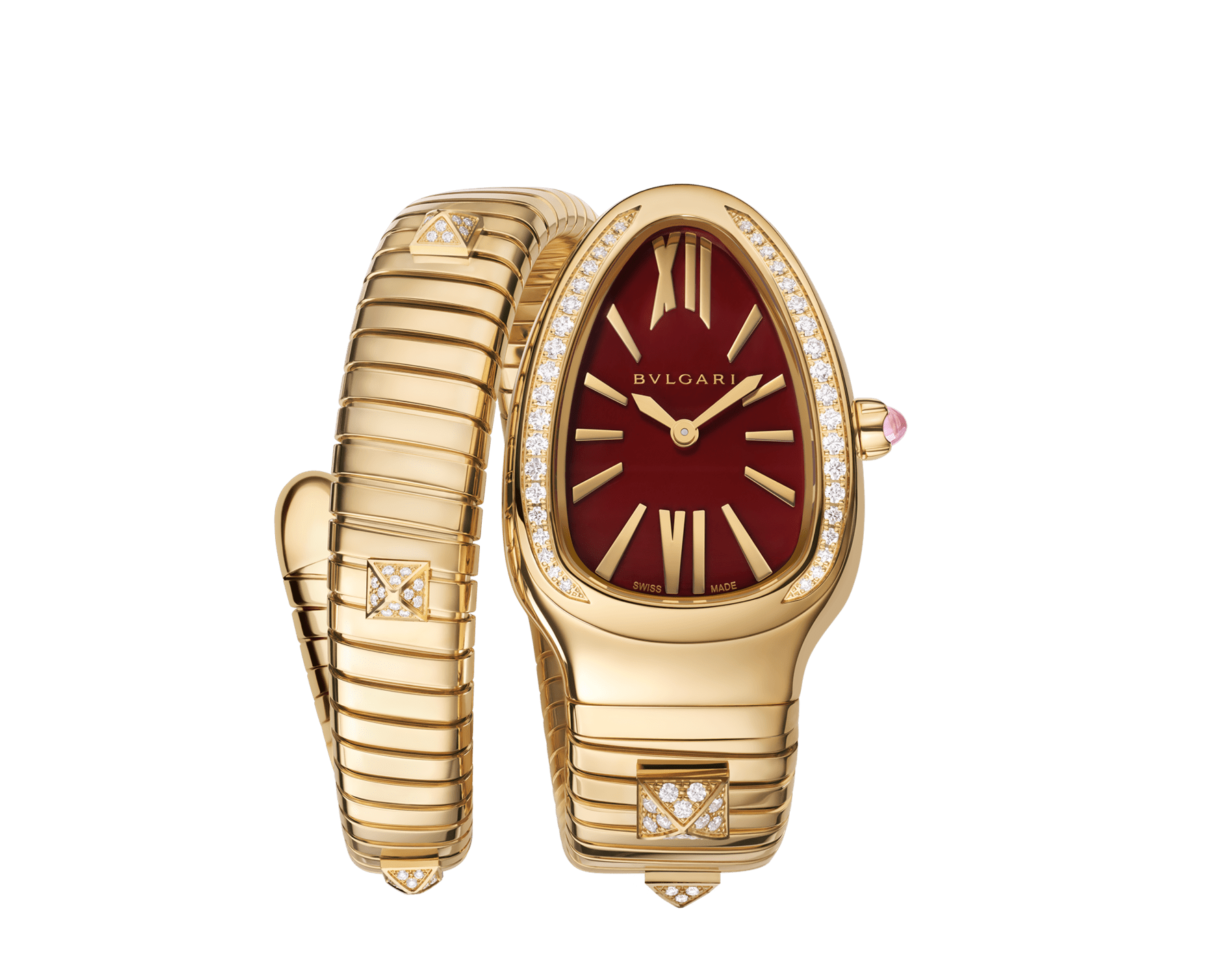 Serpenti Tubogas Studs Capsule 單螺旋腕錶，採用 18K 黃金材質，搭配鑲鑽錶圈、飾以密鑲鑽石鉚釘的錶帶與紅玉髓錶盤。防水深度 30 公尺。限量版腕錶。 104302 image 1