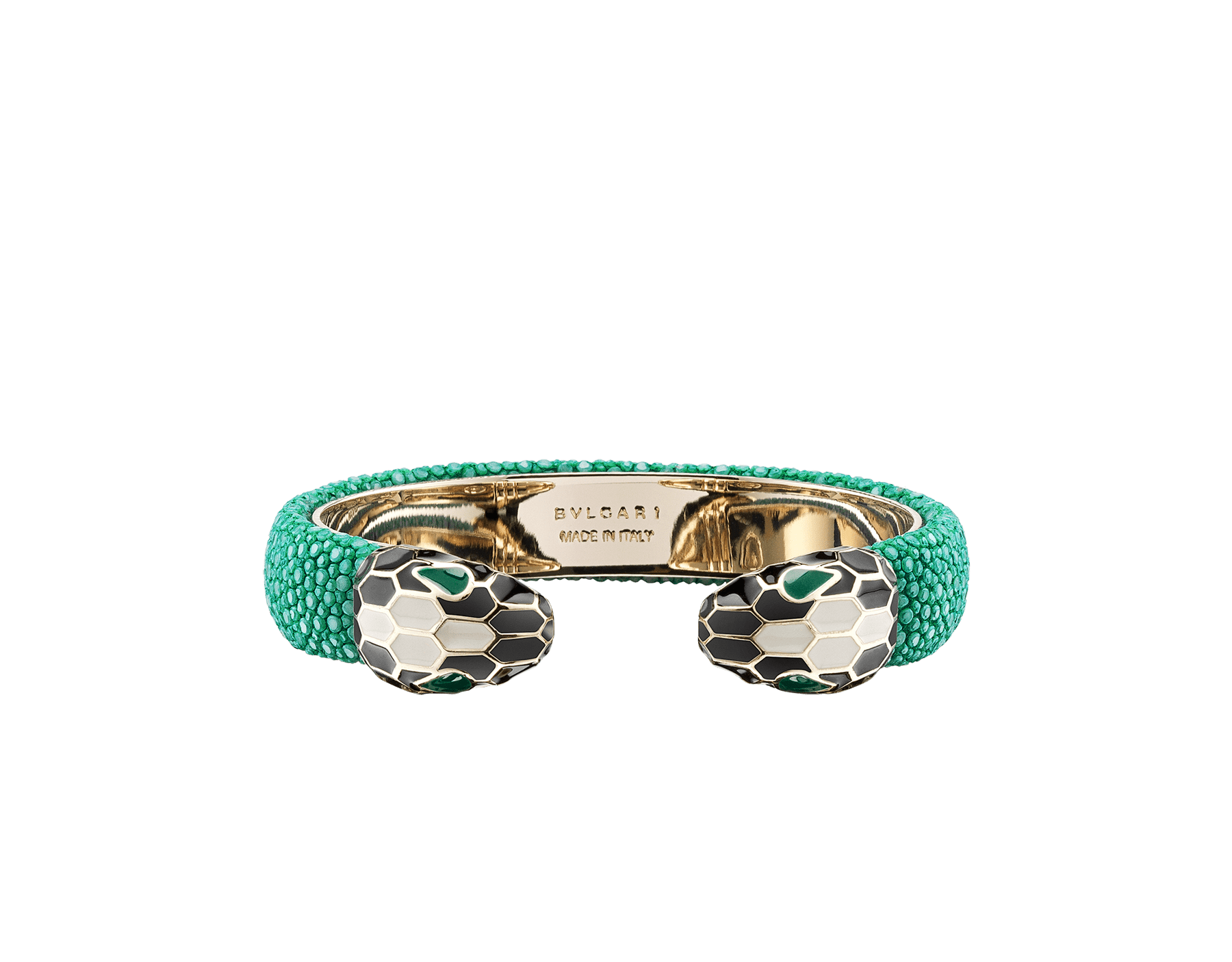 Bracciale rigido Serpenti Forever in ottone placcato oro chiaro con inserti in galuchat verde smeraldo. Accattivante motivo Serpenti contraire con squame in smalto nero e bianco agata e occhi in smalto verde smeraldo. SPContr-G-EG image 1