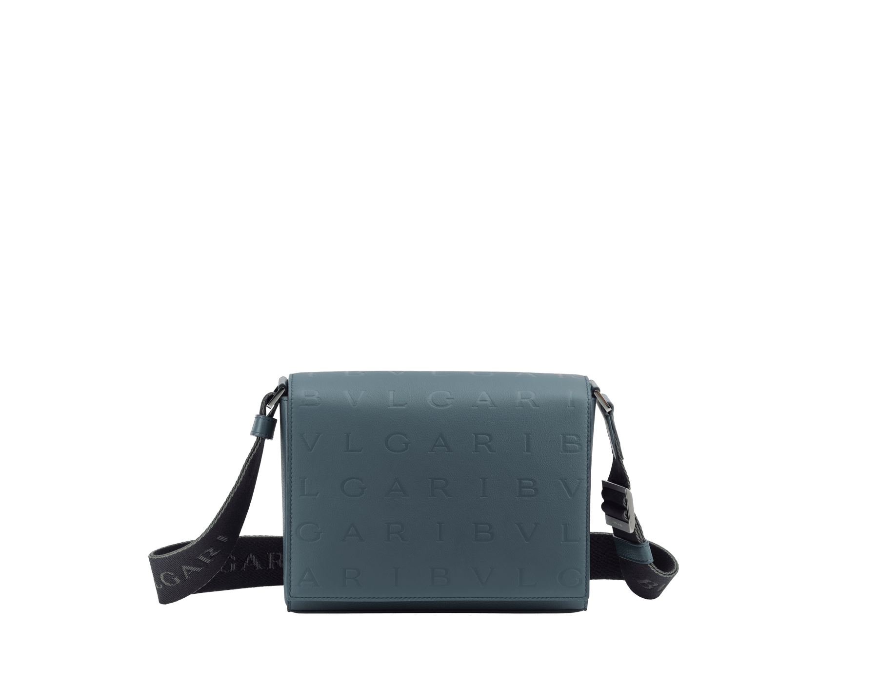 BULGARI Man small messenger bag in ivy onyx grey smooth and grainy metal-free calf leather with Olympian sapphire blue regenerated nylon (ECONYL®) lining. Dark ruthenium-plated brass hardware, hot stamped BULGARI logomania motif and magnetic flap closure. BMA-1213-CLb image 1