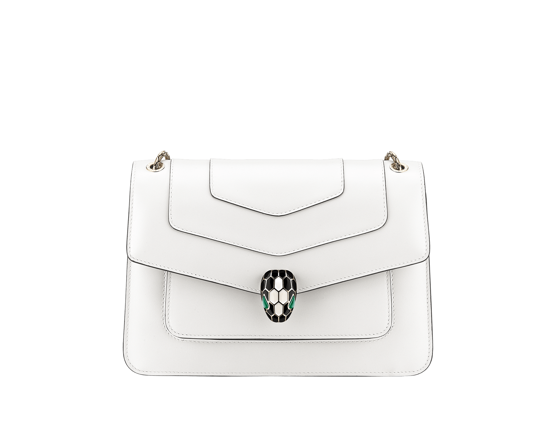 Serpenti Forever medium shoulder bag in black calf leather with emerald green grosgrain lining. Captivating snakehead closure in light gold-plated brass embellished with black and white agate enamel scales and green malachite eyes. 1077-CLa image 1