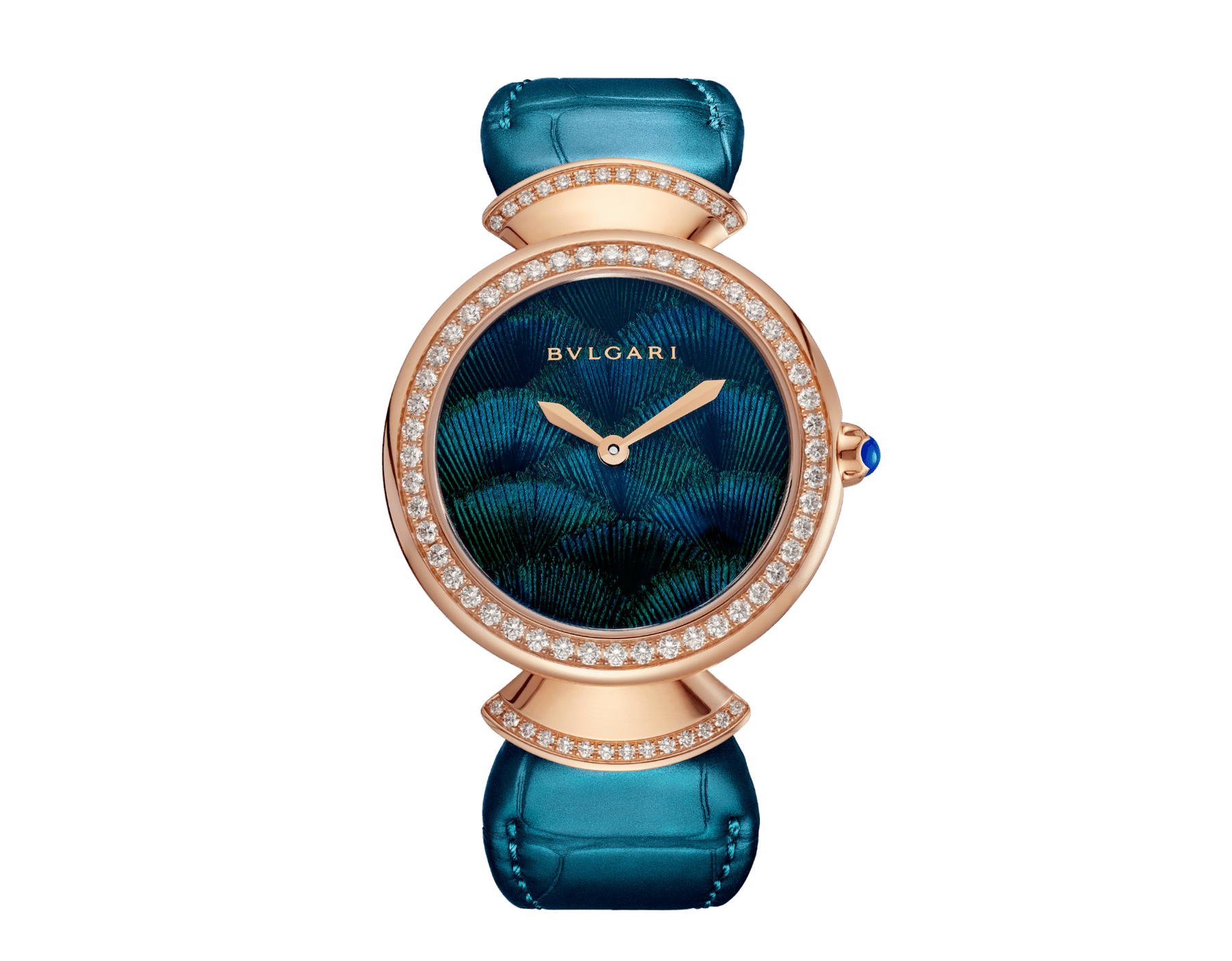 DIVAS' DREAM watch in 18 kt rose gold with brilliant-cut diamonds set on the bezel and the links, natural peacock-feather dial and green alligator bracelet. Water resistant up to 30 meters 103767 image 1
