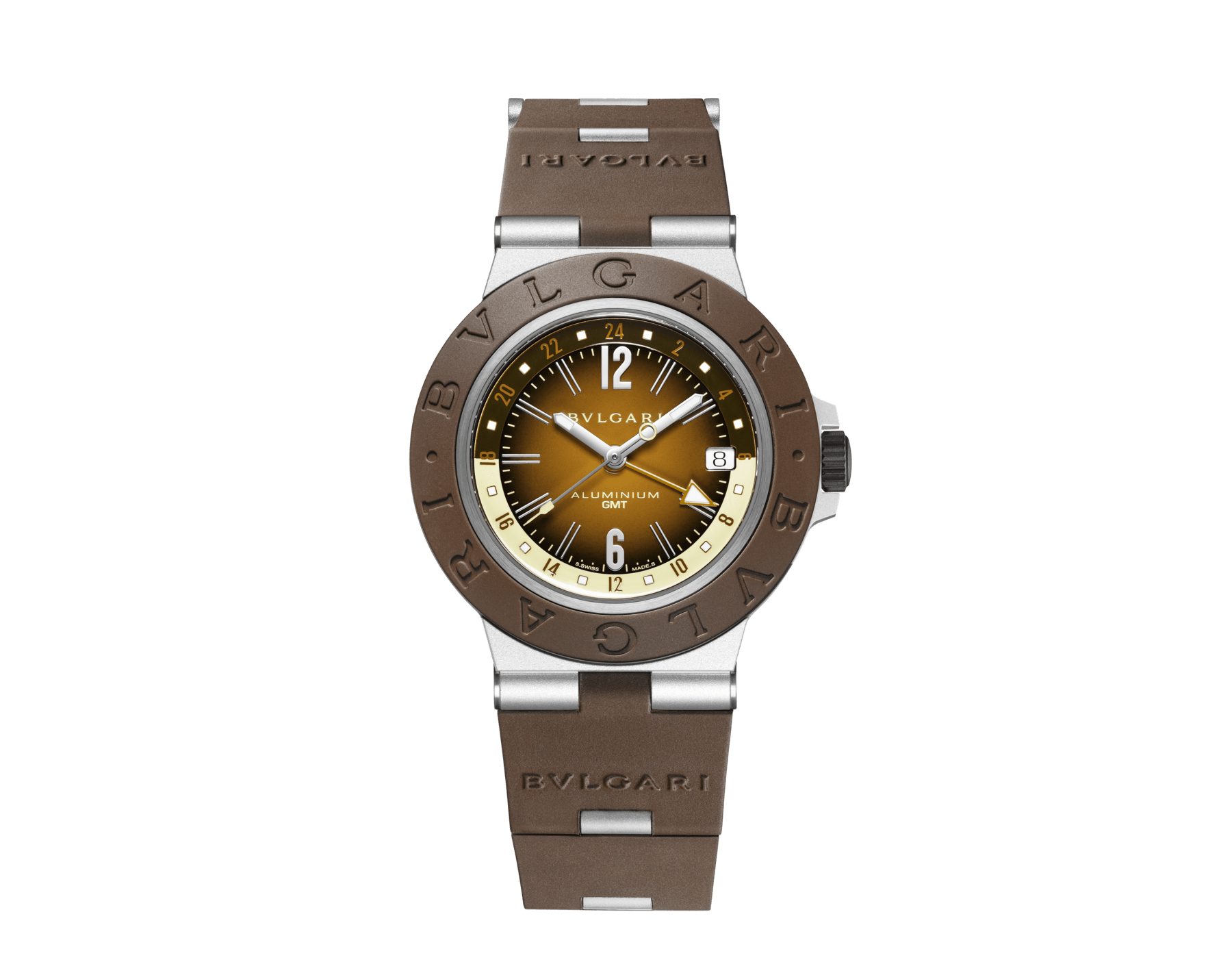 Bvlgari Aluminium GMT x Fender® 腕錶，搭載機械機芯，自動上鍊，GMT 24 小時顯示，錶徑 40 公釐，鋁合金錶殼，棕色橡膠錶圈和錶帶，棕色和奶油色漸層錶盤。全球限量 1,200 只。 104117 image 1