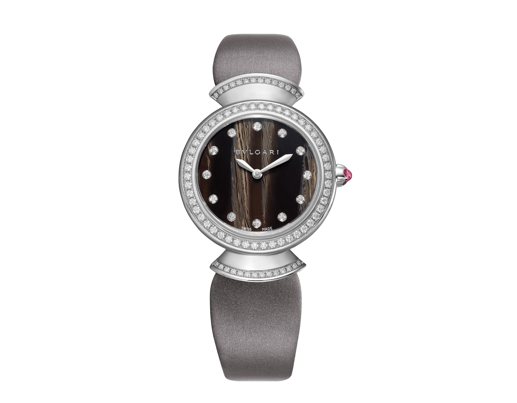 DIVAS' DREAM watch with 18 kt white gold case set with brilliant-cut diamonds, natural acetate dial, diamond indexes and grey satin bracelet 102434 image 1