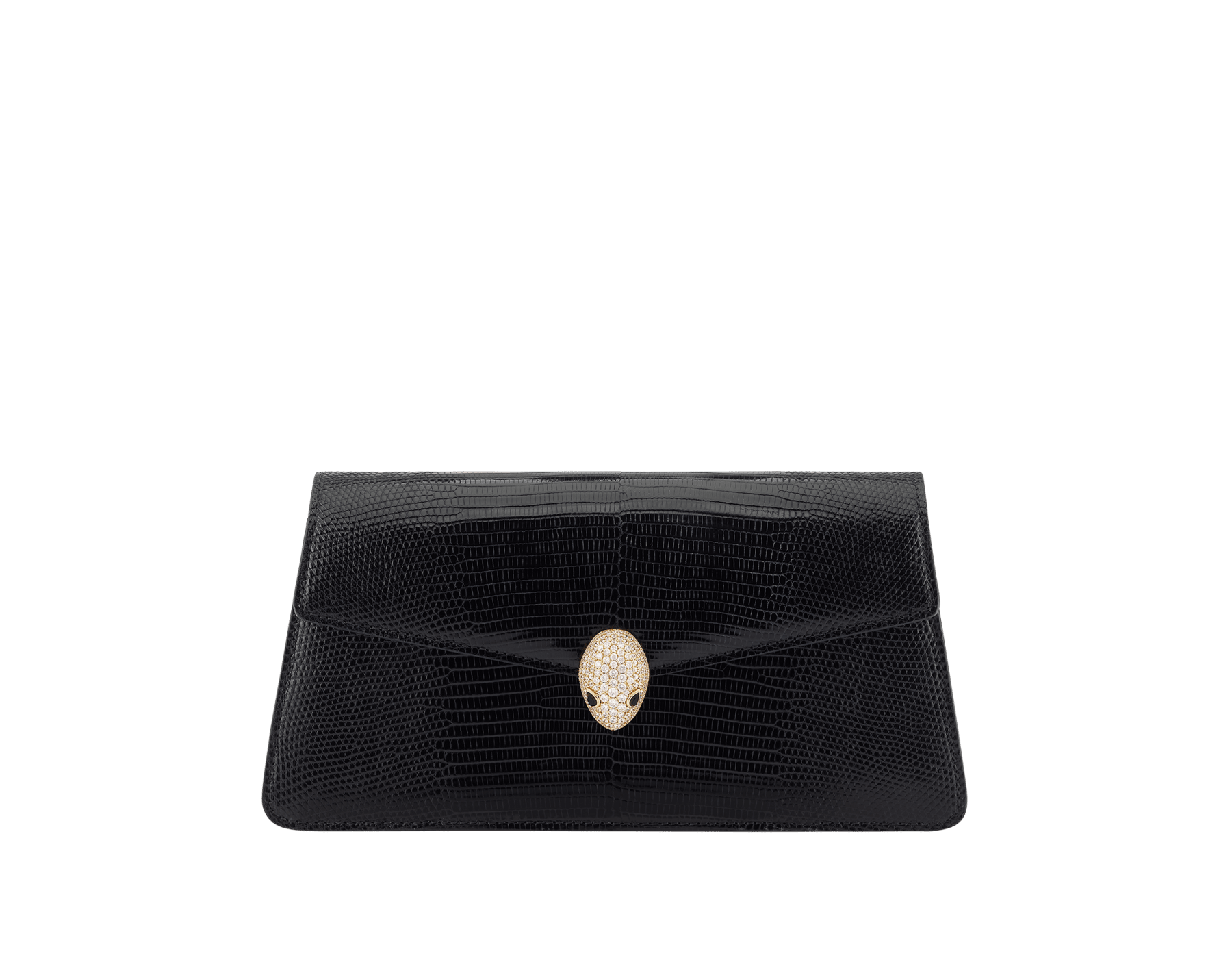Pochette de soirée Serpenti Forever en cuir de lézard noir avec doublure en cuir nappa noir. Captivant fermoir magnétique Serpenti en laiton doré orné d’un pavé de zircones et d’yeux en onyx noir. 295549 image 1