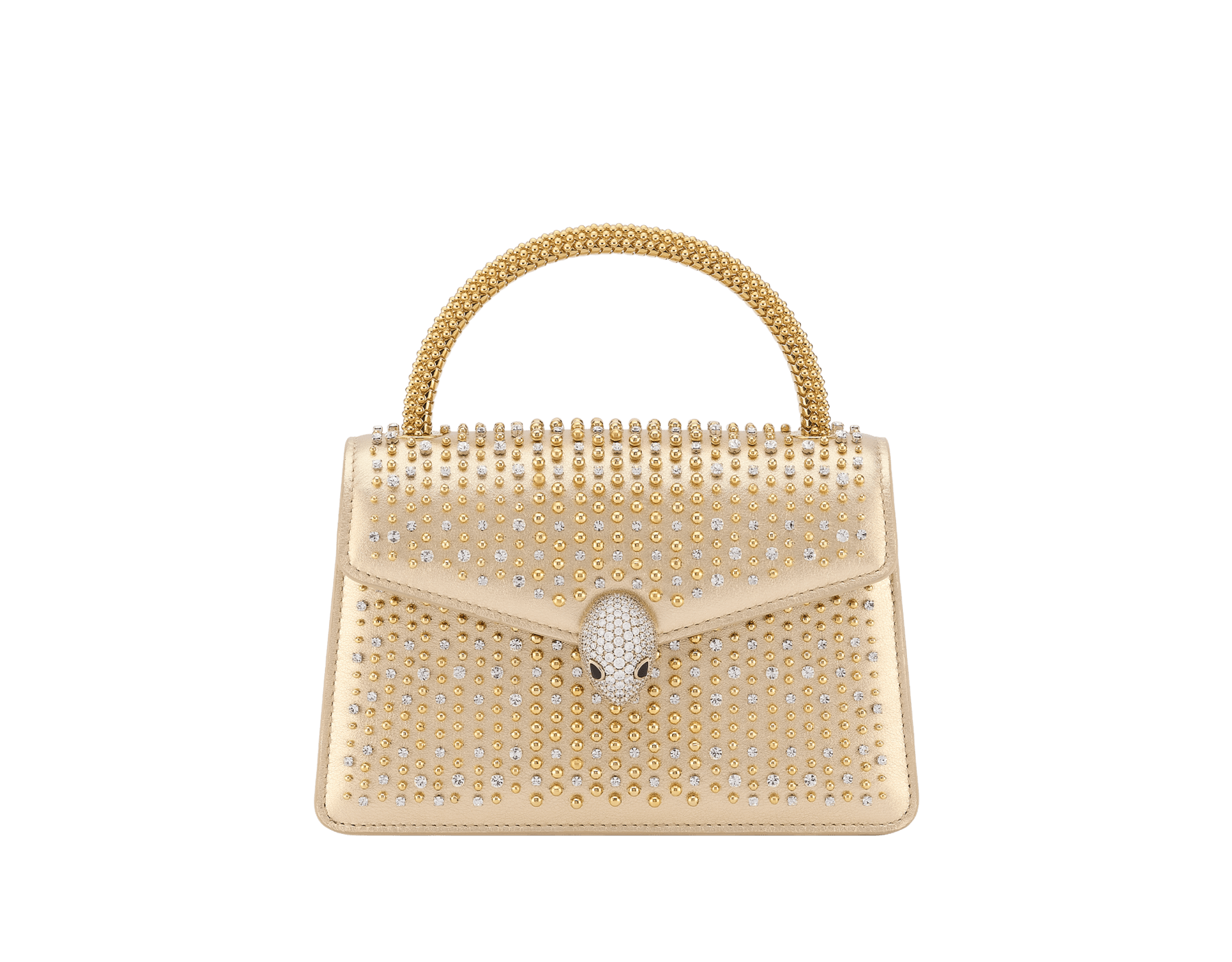 " Mini borsa a mano Serpenti Pallini con elementi in ottone placcato oro ricamati su vitello Liquid Metal color oro. Accattivante impugnatura Pallini in ottone placcato oro e chiusura magnetica Serpenti in ottone placcato oro con pavé di zirconi e occhi in onice nera." 294799 image 1