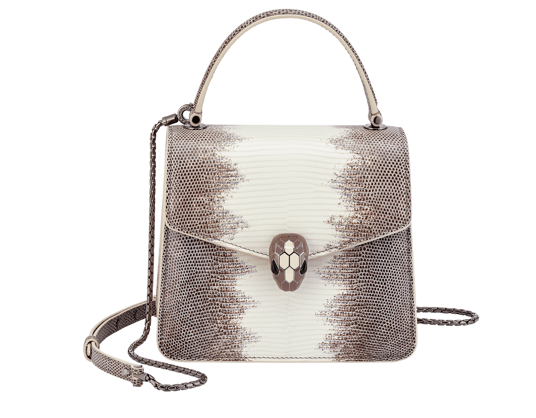 Serpenti Forever small top handle bag in white agate shiny lizard skin with beige and grey shades, and with caramel topaz beige nappa leather lining. Captivating snakehead closure in dark ruthenium-plated brass embellished with brown-green and ivory opal enamel scales and black onyx eyes. 291484 image 1