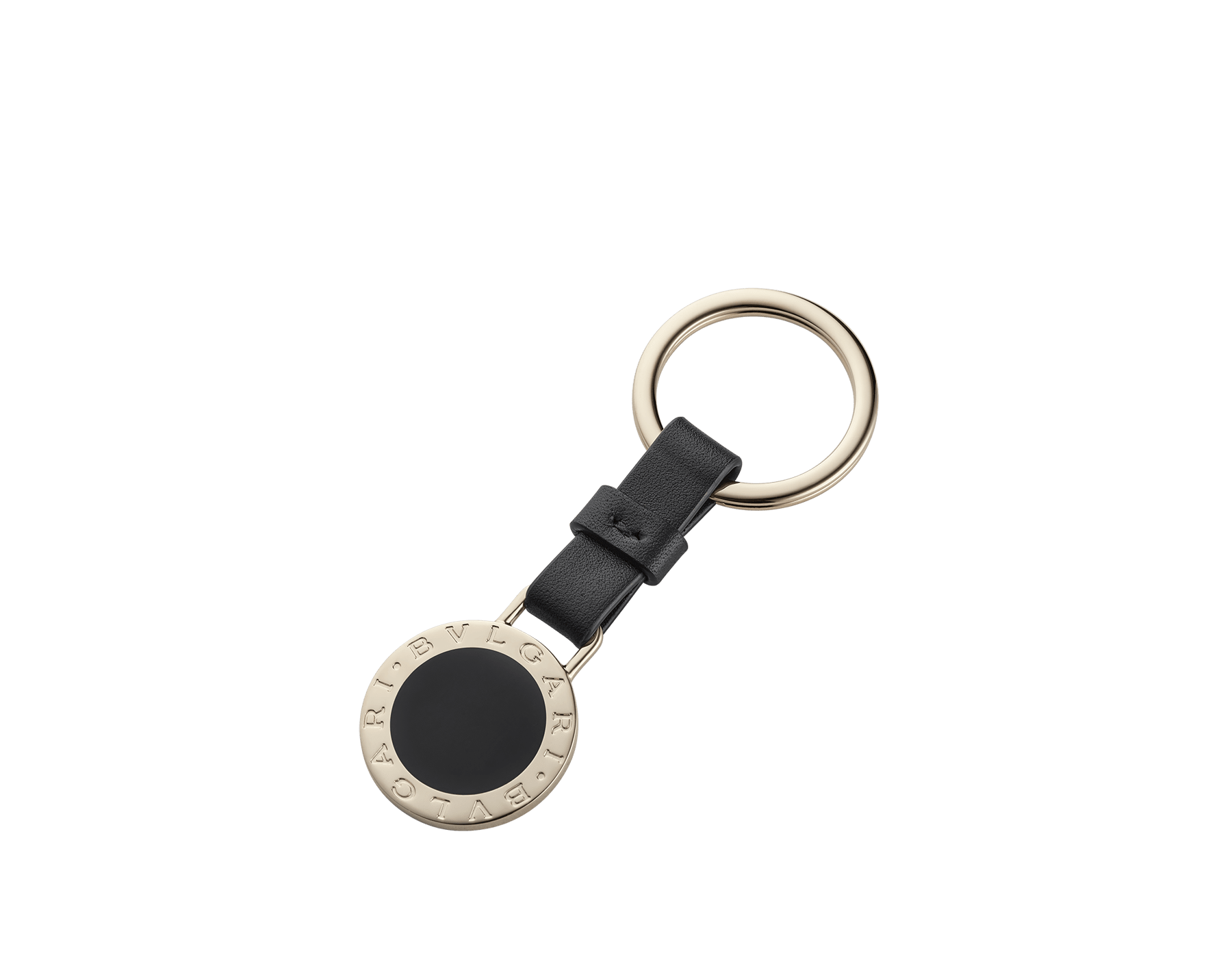 BULGARI BULGARI keyring in black calf leather with light gold-plated brass iconic décor embellished with a black enamel insert and brisé ring. 32764 image 1