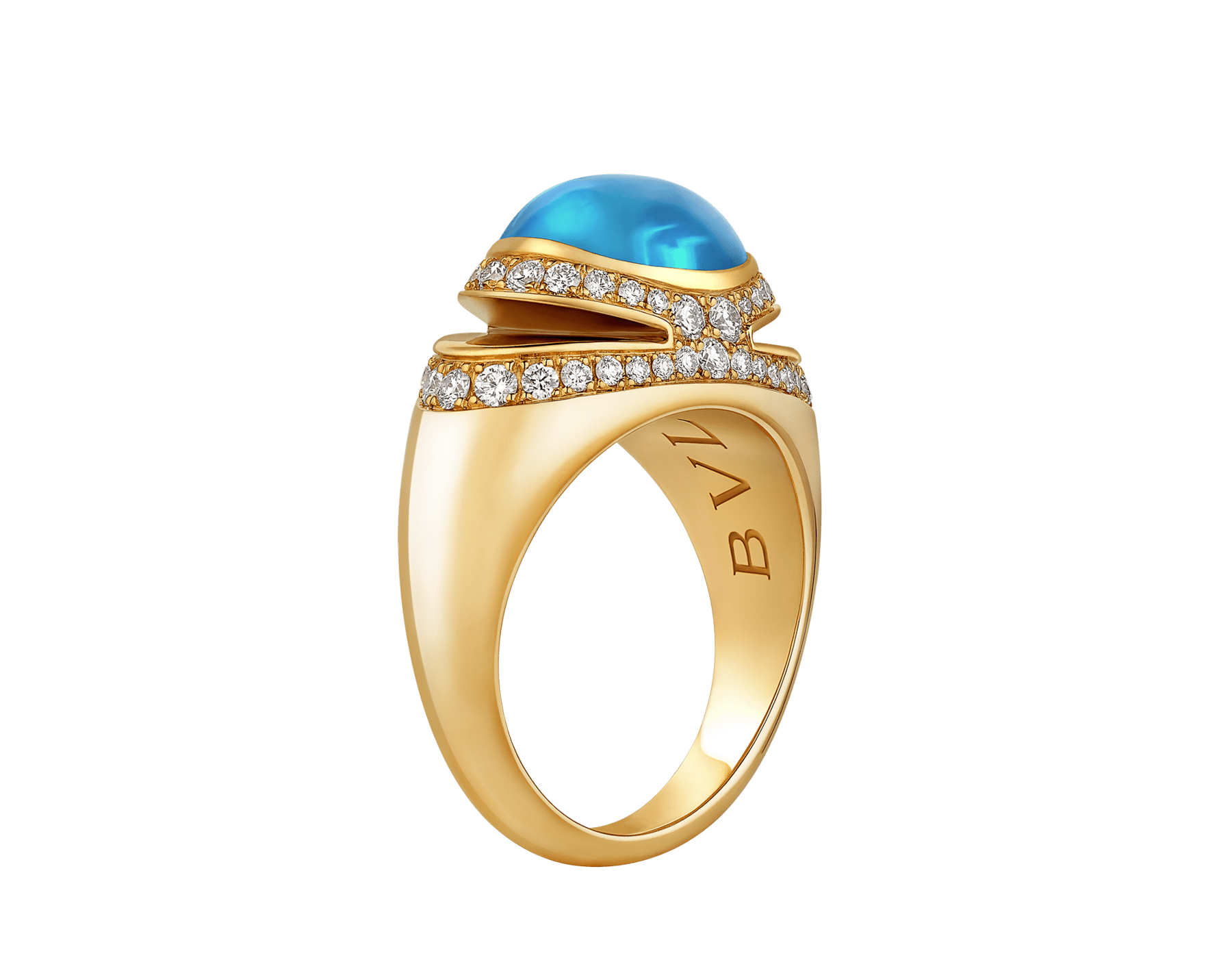 Anello Bvlgari Cabochon in oro giallo 18 kt con topazio azzurro taglio cabochon e semi-pavé di diamanti. AN860455 image 1