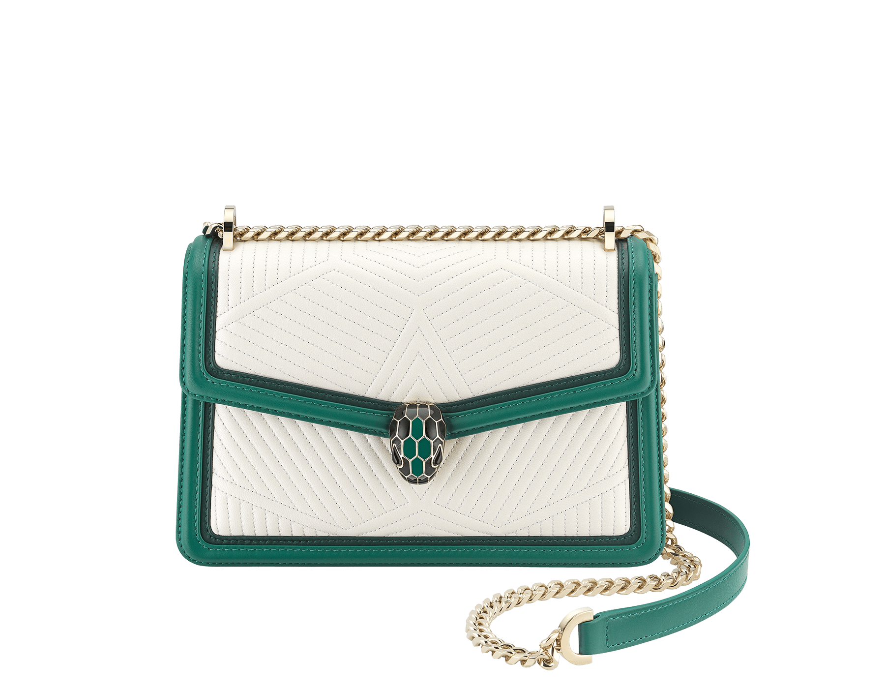 “Serpenti Diamond Blast” shoulder bag in white agate quilted nappa leather and emerald green smooth calf leather frames. Iconic snakehead closure in light gold-plated brass enriched with matte black and shiny emerald green enamel and black onyx eyes. 922-FQDf image 1