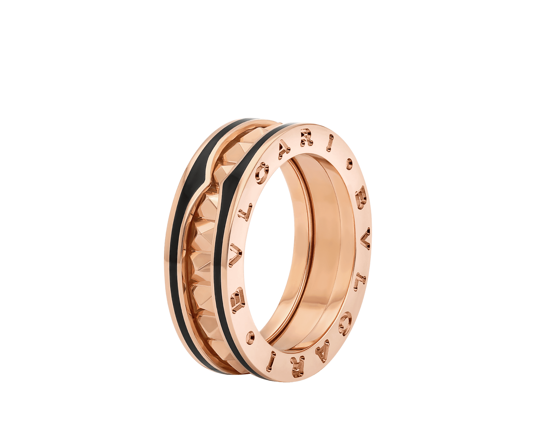 Кольцо B.zero1 Rock в один виток, розовое золото 18 карат, шипы на спирали, вставки из черной керамики на кромках AN859080 image 1