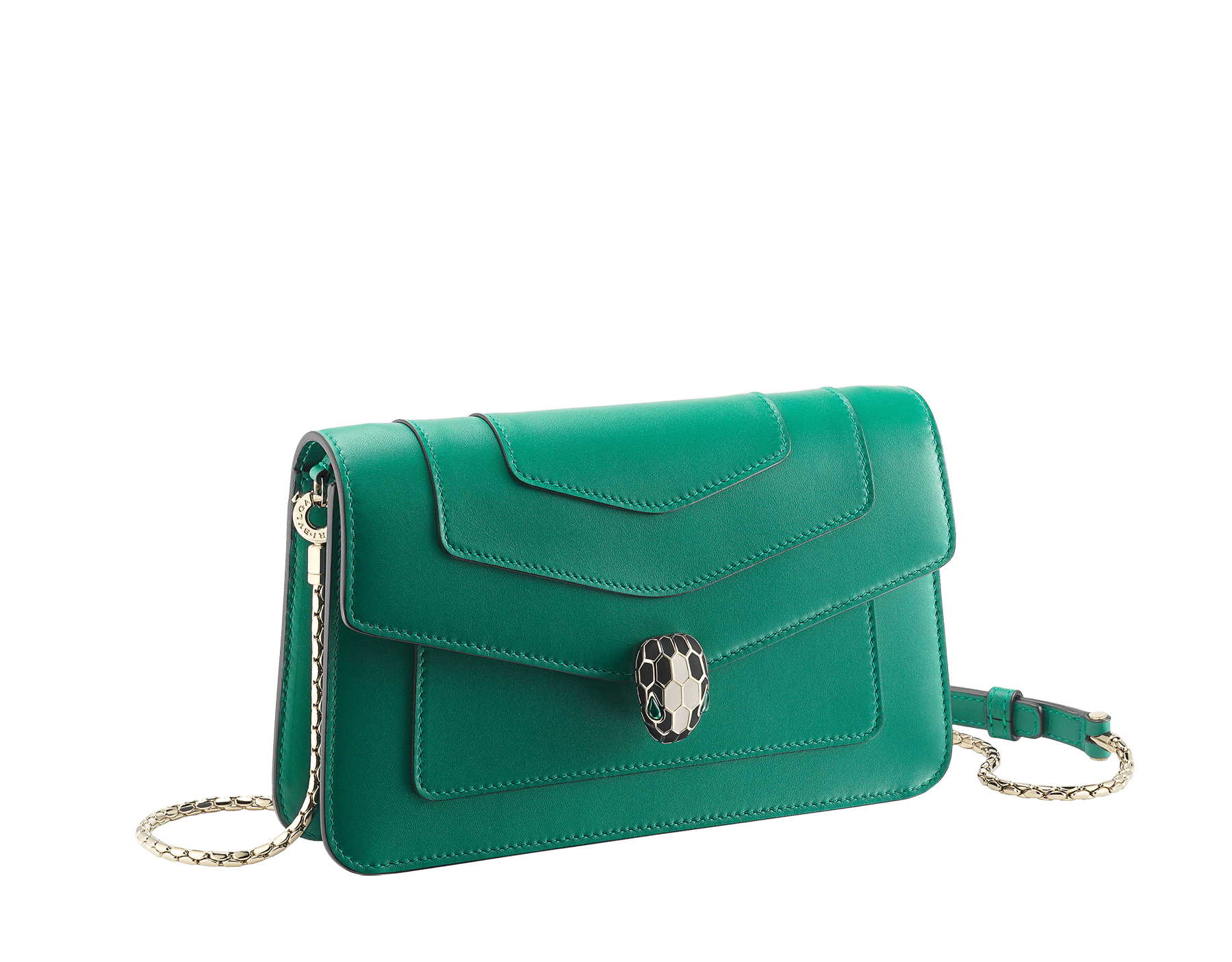Serpenti Forever chain wallet in Niagara sapphire blue calf leather and silky coral pink nappa leather interior. Captivating palladium-plated brass snakehead magnetic closure embellished with black and Niagara sapphire blue enamel scales and black onyx eyes. SEA-CHAINPOCHETTE-LCL image 1