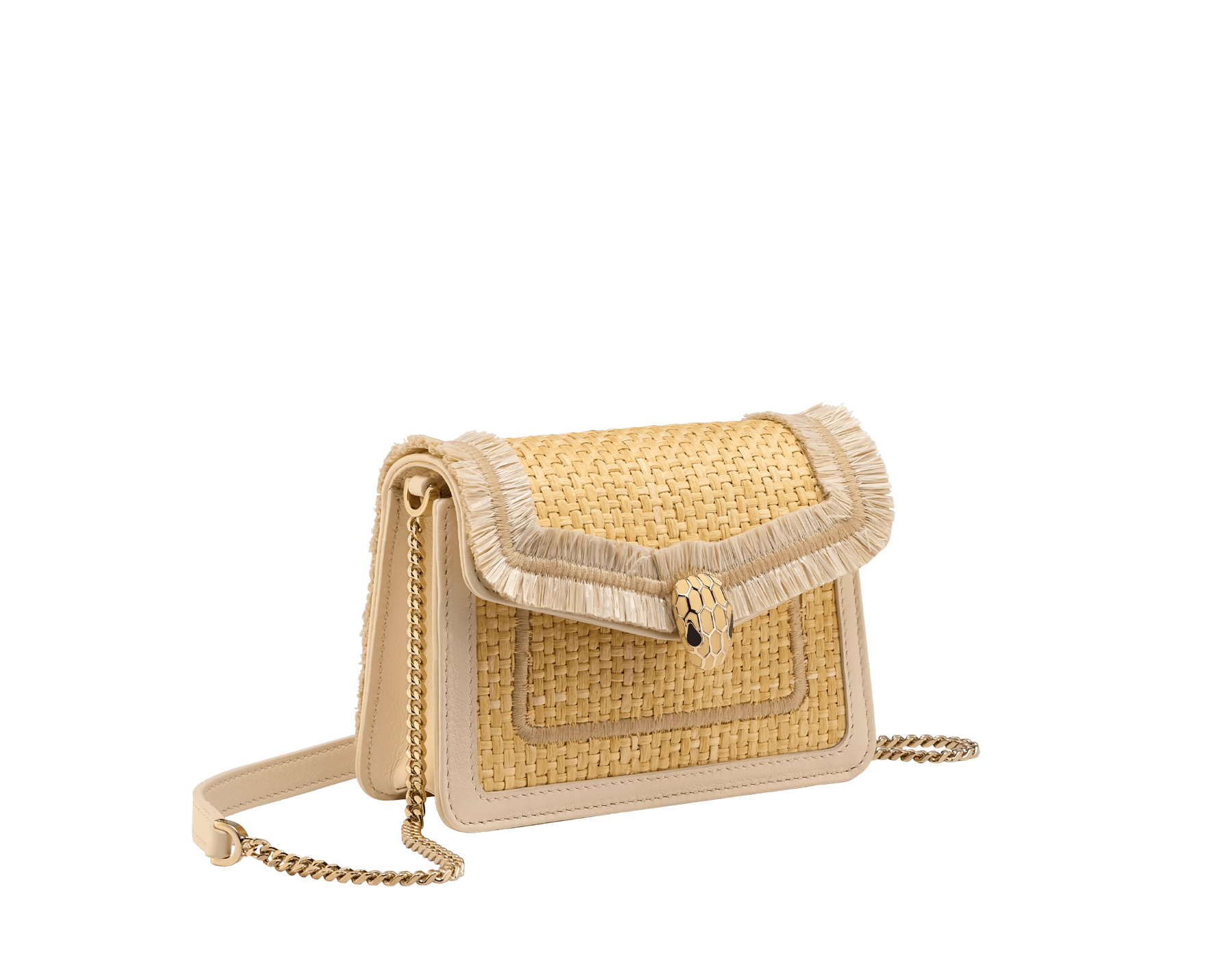 "Serpenti Forever" mini bag in "Molten" light gold karung skin with black nappa leather inner lining, offering a touch of radiance for the Winter Holidays. New Serpenti head closure in light gold-plated brass, complete with ruby-red enamel eyes. Winter Holidays Edition SEA-MINICROSSBODYb image 1