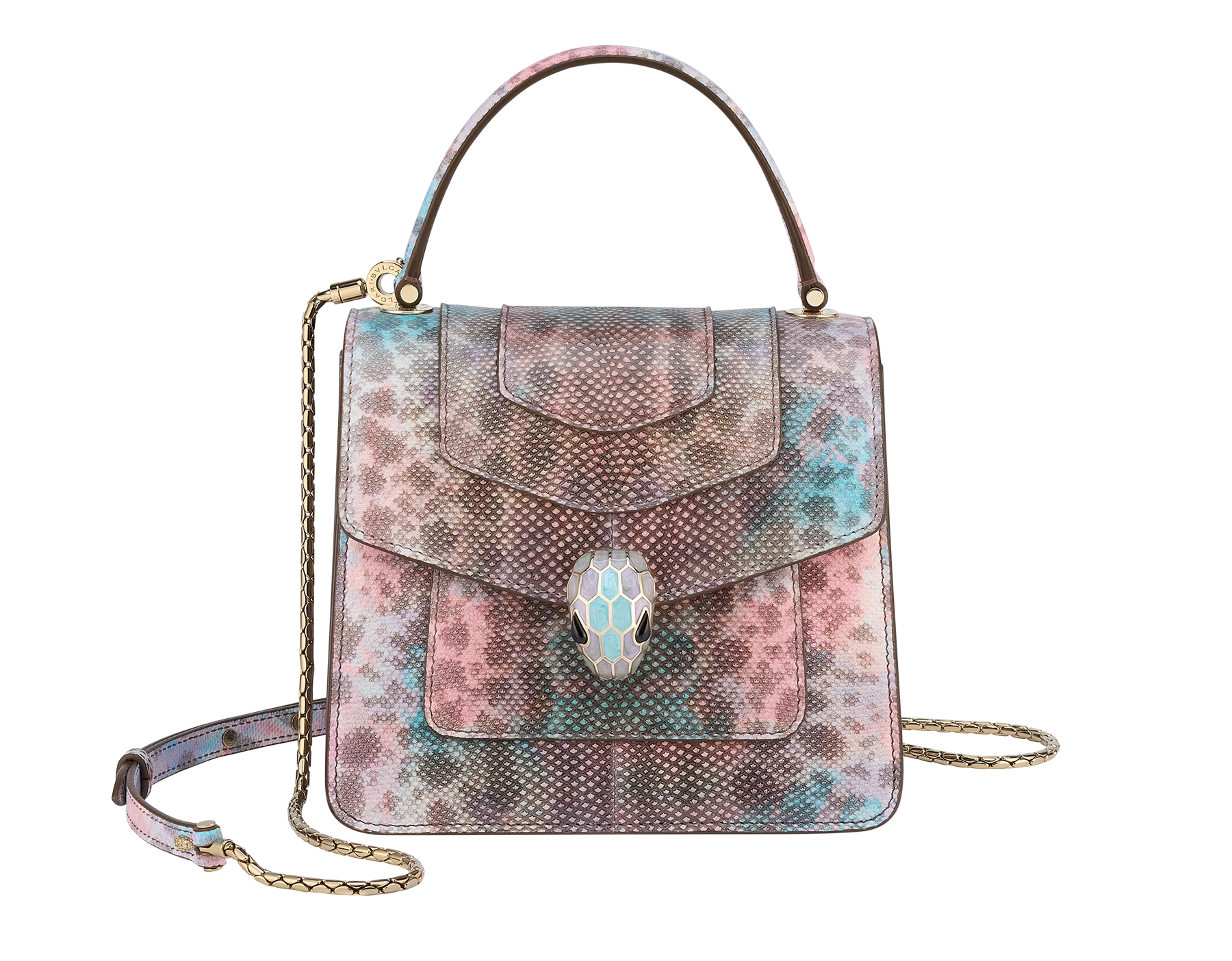 “Serpenti Forever” top-handle bag in shiny Forest Emerald green karung leather with Zircon-bay blue grosgrain inner lining. Iconic snakehead closure in light gold-plated brass embellished with black and agate-white enamel and green malachite eyes 1122-SK image 1