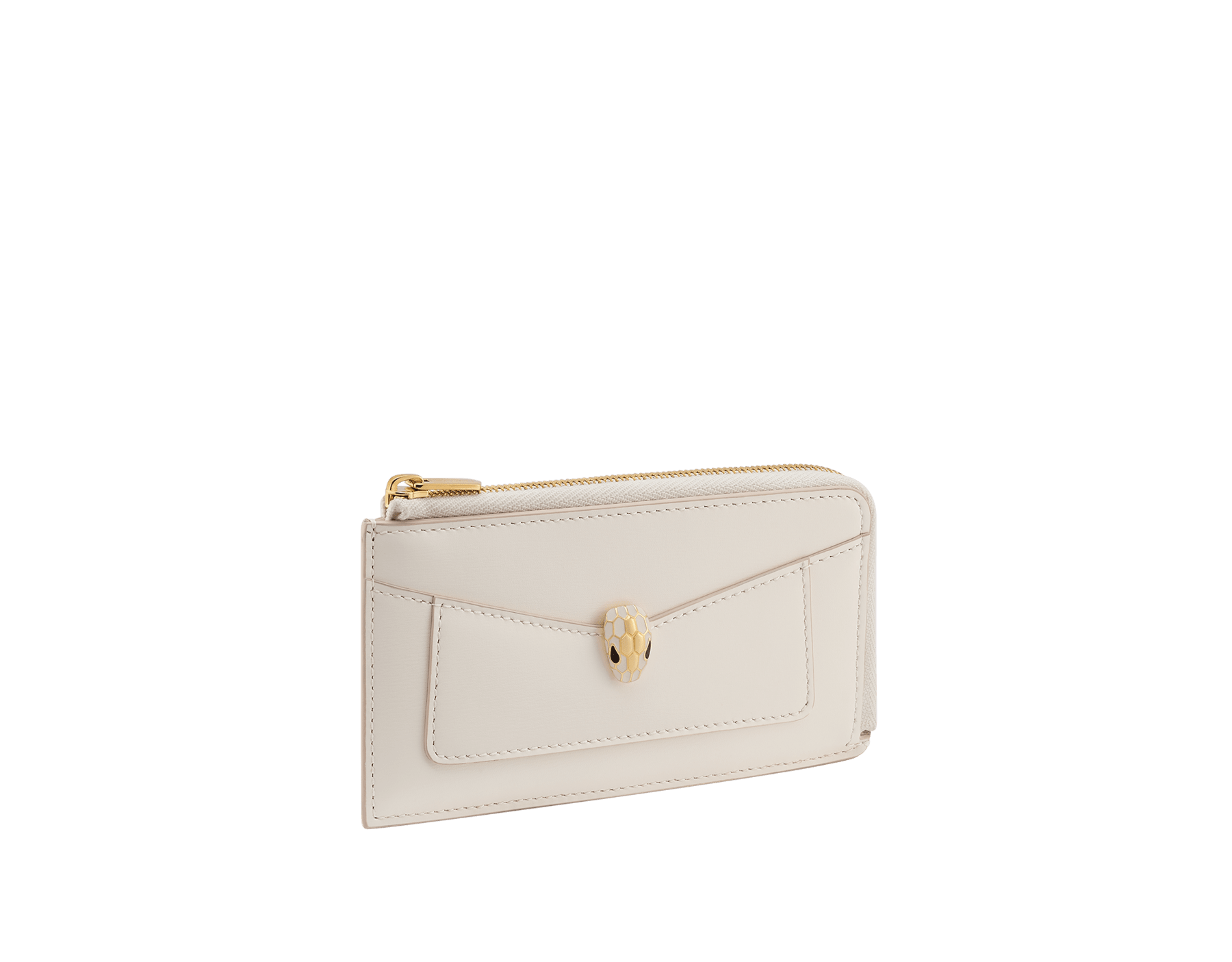 Porta carte con cerniera Serpenti Forever in vitello Striated oro chiaro con interno in nappa agata beige. Accattivante motivo Serpenti in ottone placcato oro chiaro con squame in smalto champagne e ottone placcato oro chiaro e occhi in smalto nero. SEA-CC-HOLD-ZIP-R image 1