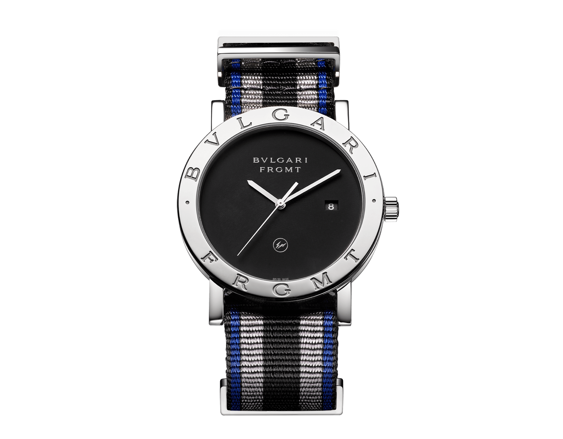 BVLGARI BVLGARI Fragment Design watch with manufacture mechanical movement, automatic winding, stainless steel case, bezel engraved with the special BVLGARI FRGMT logo, black dial and black nylon bracelet. Water-resistant up to 50 metres. 103570 image 1