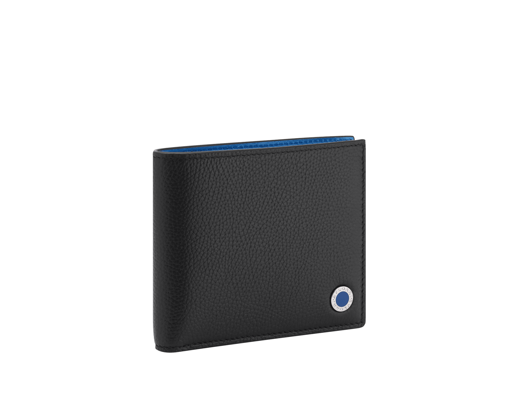 BULGARI BULGARI Man hipster compact wallet in soft, full grain black calf leather with Mediterranean lapis blue nappa leather interior. Iconic palladium-plated brass embellishment with midnight sapphire blue enamel, and folded closure. 293119 image 1