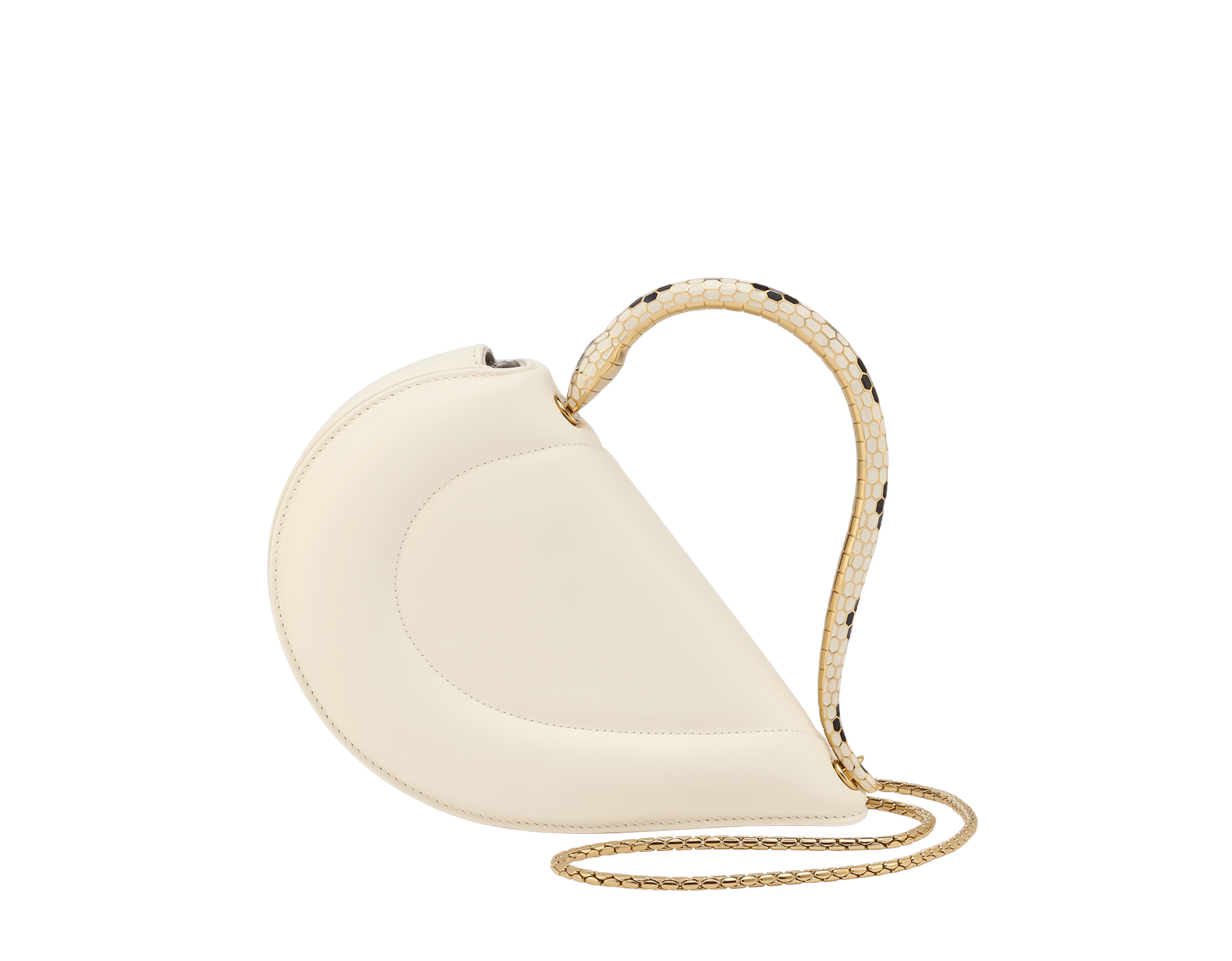 Serpenti Cuore 1968 手提包，採用珍珠白色小牛皮，珍珠白色納帕軟面皮內裡。迷人的金色黃銅蛇身提把飾以珍珠白色和黑色琺瑯蛇鱗，蛇眼飾以方晶鋯石，按扣開合。 SRN-001-1367S-r image 1