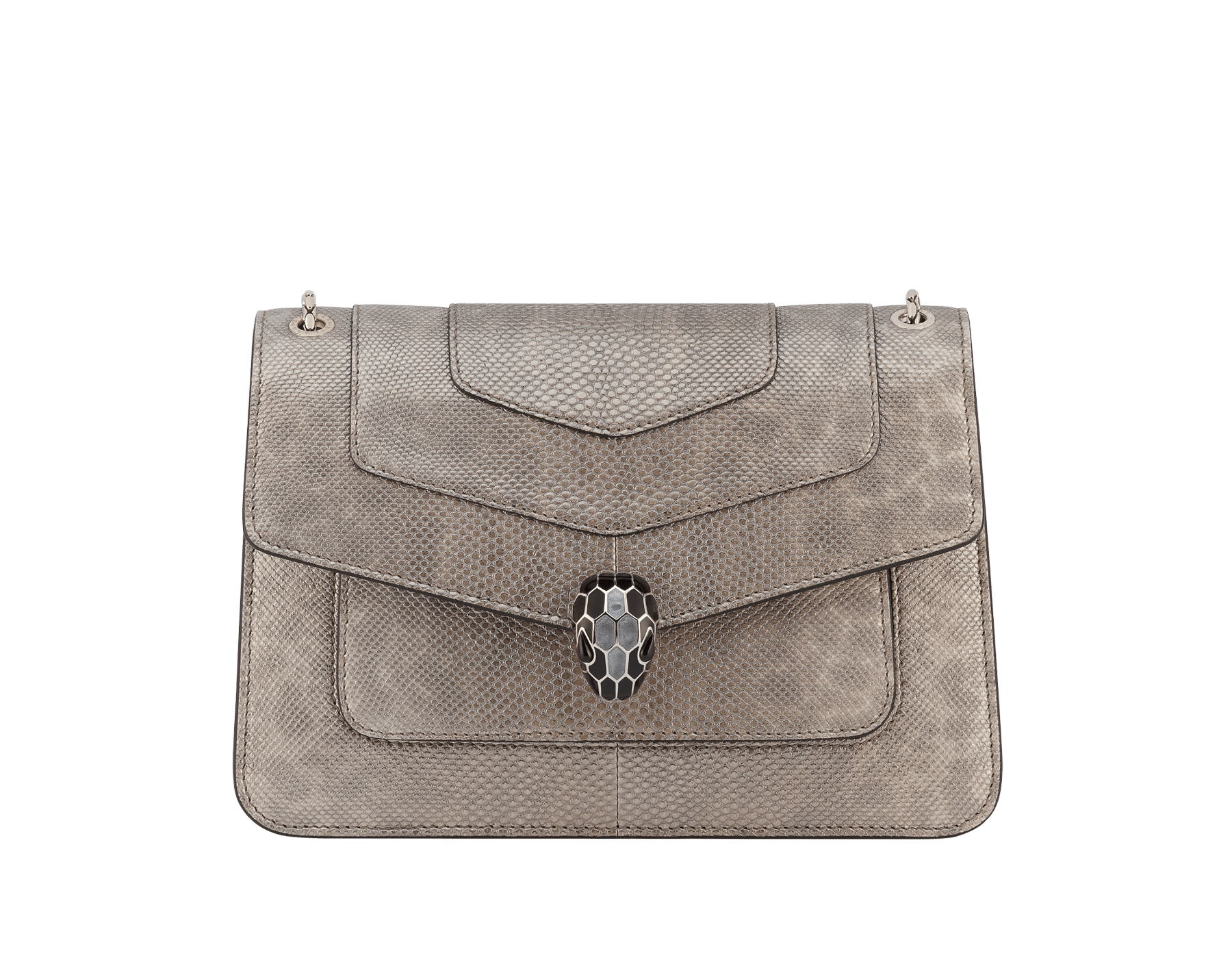 “Serpenti Forever” shoulder bag in Lavender Amethyst lilac calf leather with Reef Coral red grosgrain inner lining. Iconic snakehead closure in light gold-plated brass enhanced with black and white agate enamel and green malachite eyes. 1077-CLb image 1