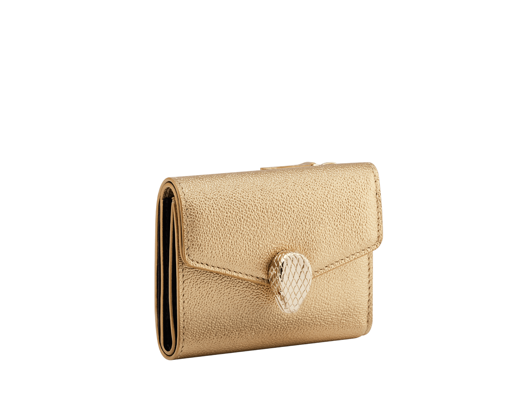 "Serpenti Forever" slim compact wallet in black calf leather and black goatskin. Iconic light gold plated brass snakehead stud closure in black enamel, with black onyx eyes. SEA-SLIMCOMPACT-Cla image 1