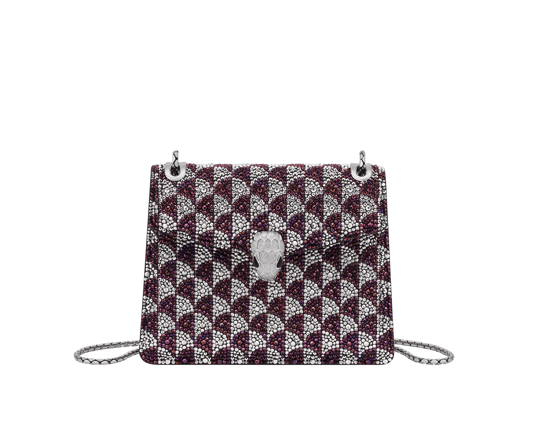Serpenti Forever Day-to-night small shoulder bag in midnight plum and silver Calla Crystals pattern applied on black suede and black nappa leather lining. Captivating snakehead magnetic closure in palladium-plated brass embellished with diamond-cut engraving on the scales, and black onyx eyes. SEA-1281-CALLACRIS image 1