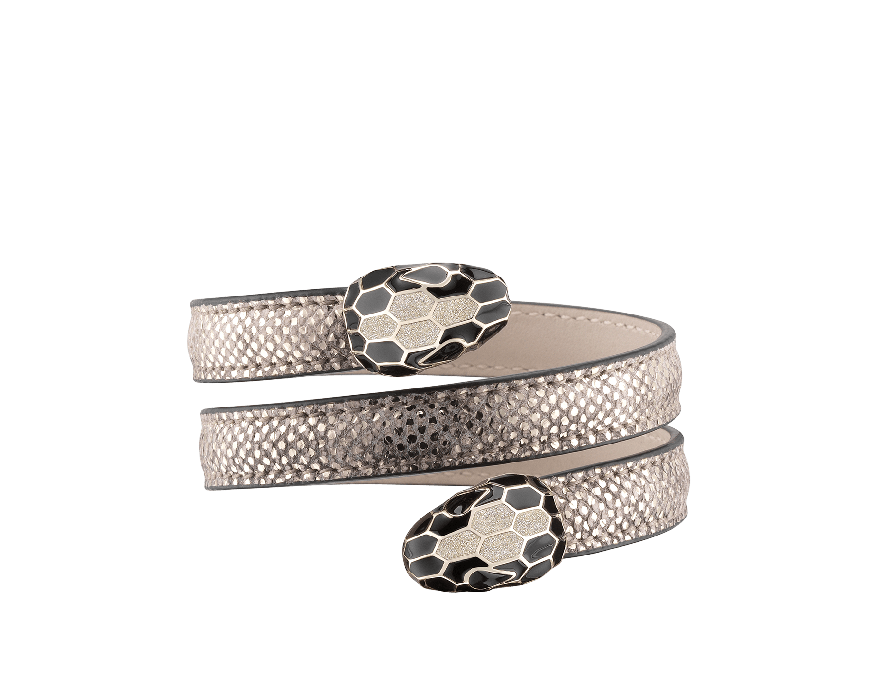 Serpenti Forever multi-coiled rigid Cleopatra bracelet in milky opal metallic karung skin, with brass light gold plated hardware. Iconic double snakehead décor in black and glitter milky opal enamel, with black enamel eyes. Cleopatra-MK-MO image 1