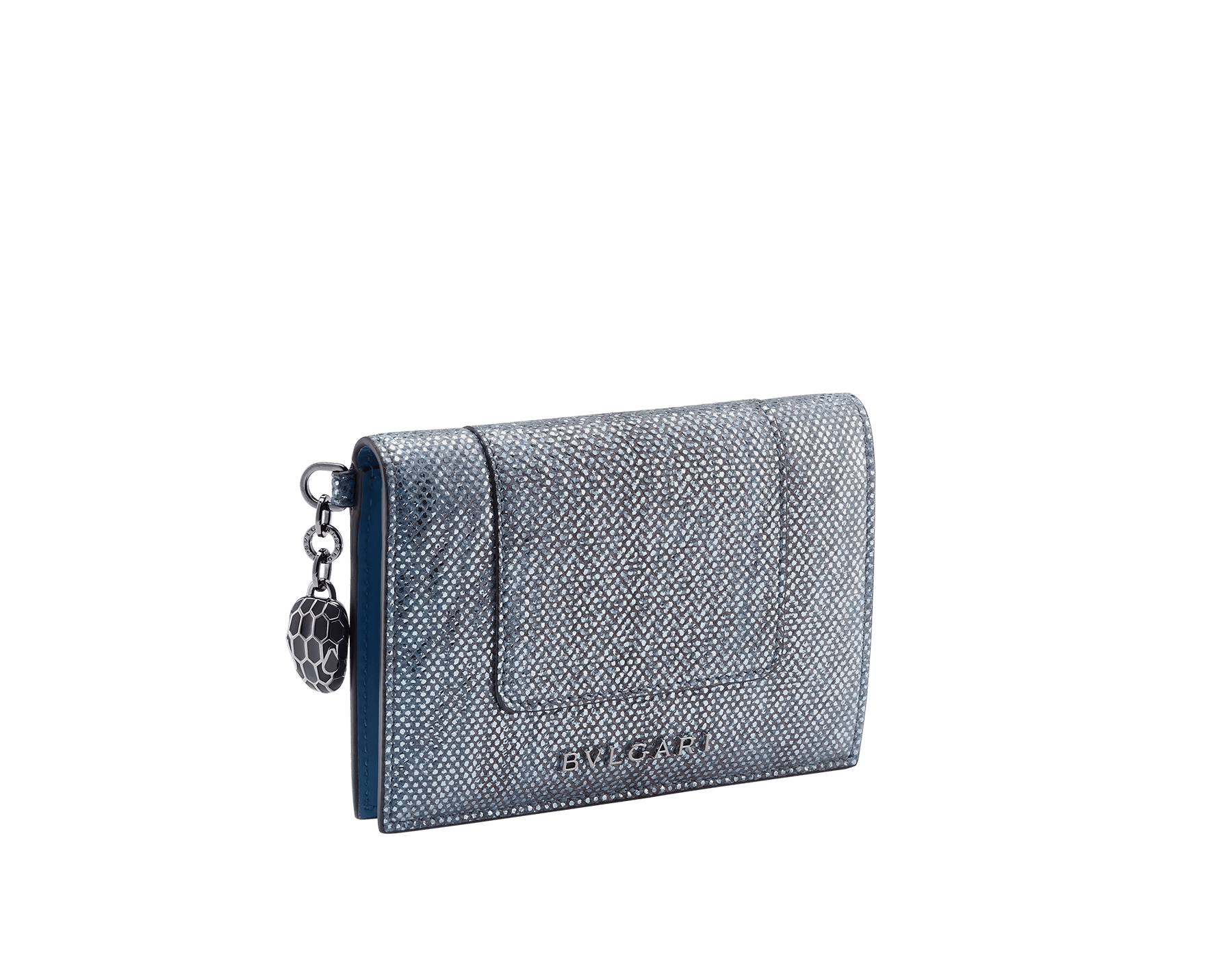 "Serpenti Forever" folded card holder in multicolour "Shaded" karung skin and Aquamarine light blue calf leather. Tempting palladium-plated brass snakehead charm, finished with pearled lilac and matte Aquamarine light blue enamel, and black enamel eyes. SEA-CC-HOLDER-FOLD-MKa image 1