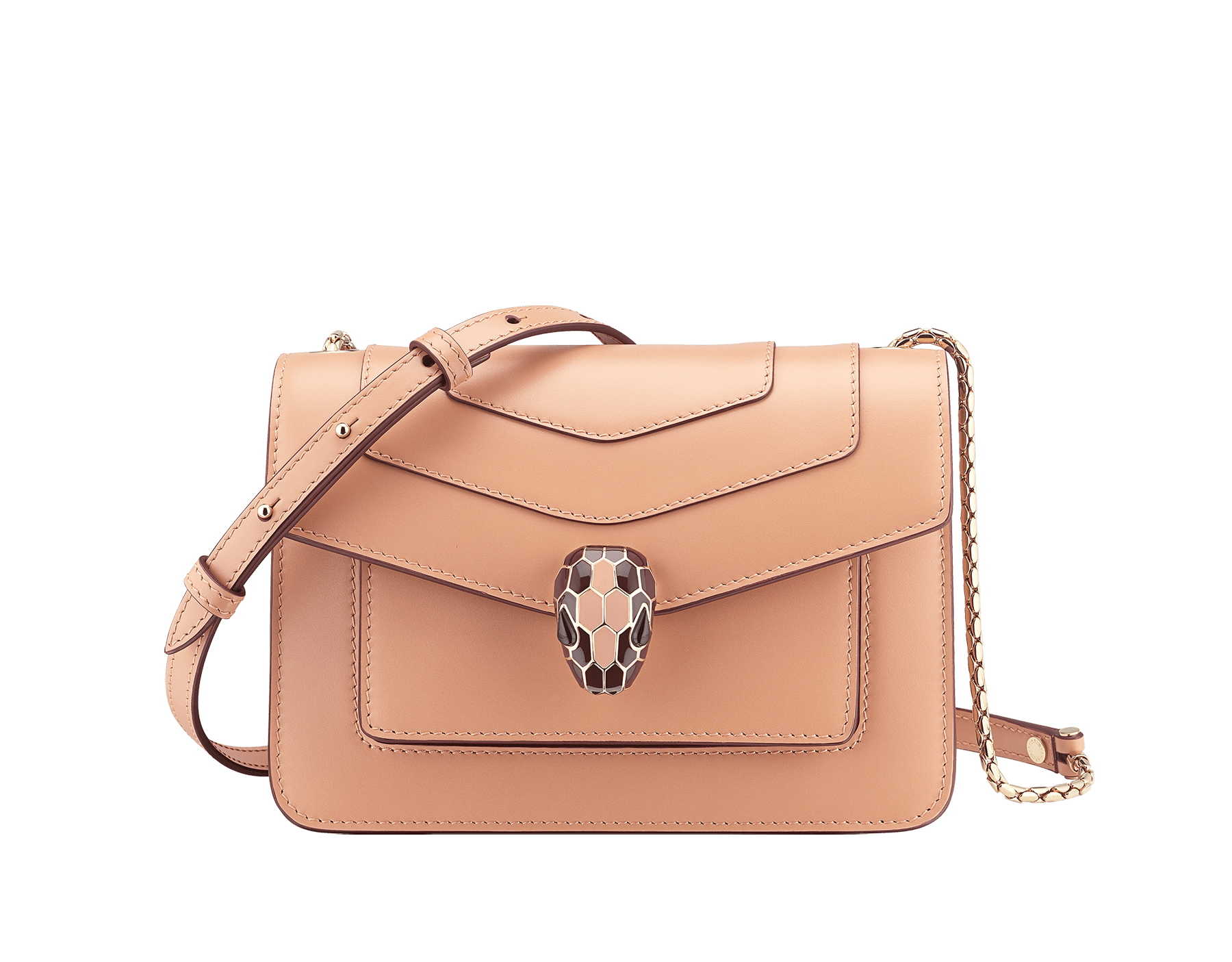 Serpenti Forever small crossbody bag in black calf leather with emerald green grosgrain lining. Captivating snakehead closure in light gold-plated brass embellished with black and white agate enamel scales and green malachite eyes. 1082-CLc image 1