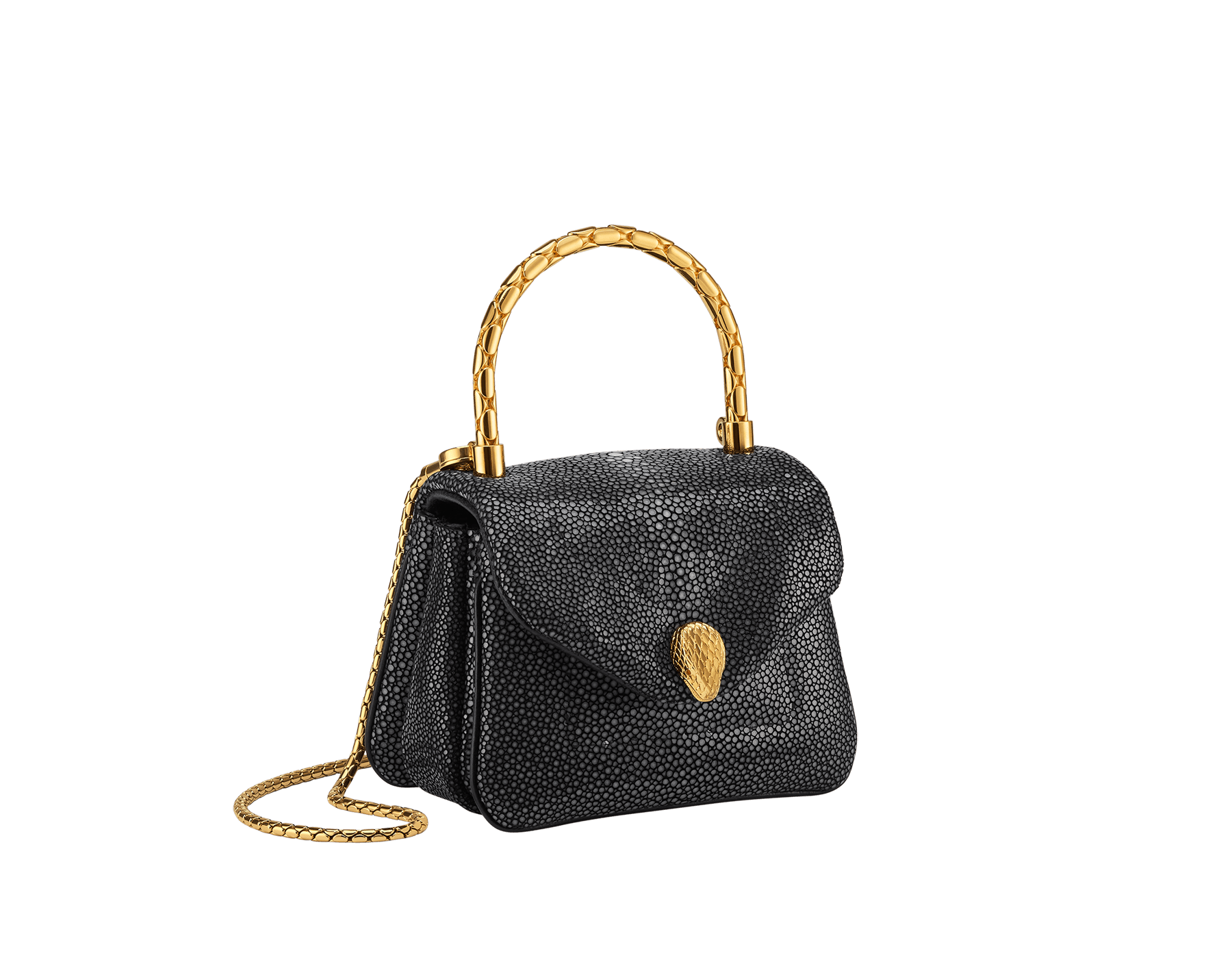 Serpenti Reverse micro top handle bag in soft emerald green galuchat skin with black nappa leather lining. Captivating magnetic snakehead closure in light gold-plated brass embellished with red enamel eyes. SRV-NANOREVERSE image 1