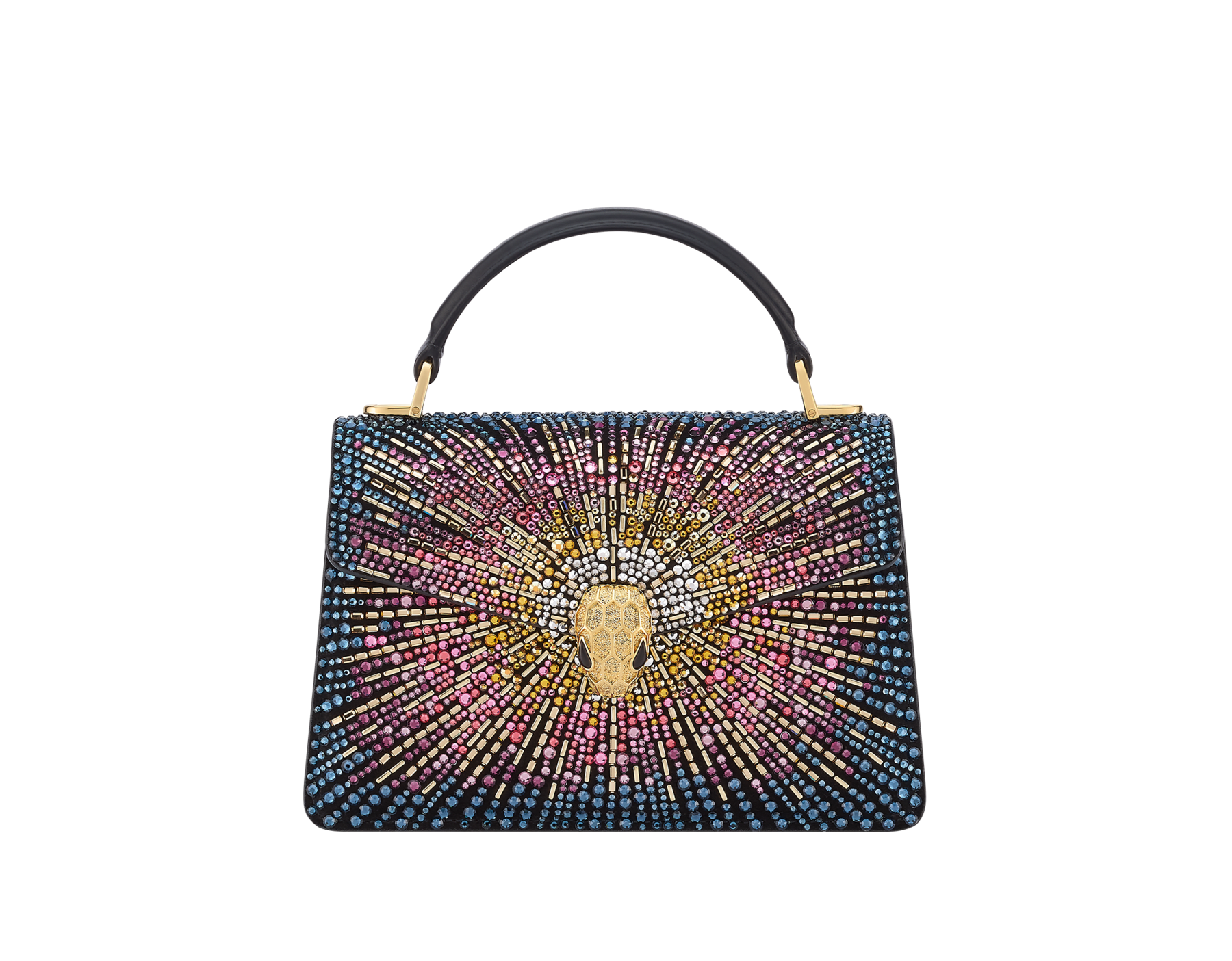 Serpenti Forever 迷你手提包，綴以多重漸層 Fireworks Crystals 花火水晶，內裡為黑色納帕軟面皮。迷人的金色黃銅蛇頭磁扣飾以鑽石切割蛇鱗紋路，蛇眼鑲飾黑色縞瑪瑙。 SEA-001-1283XS-fireworks image 1