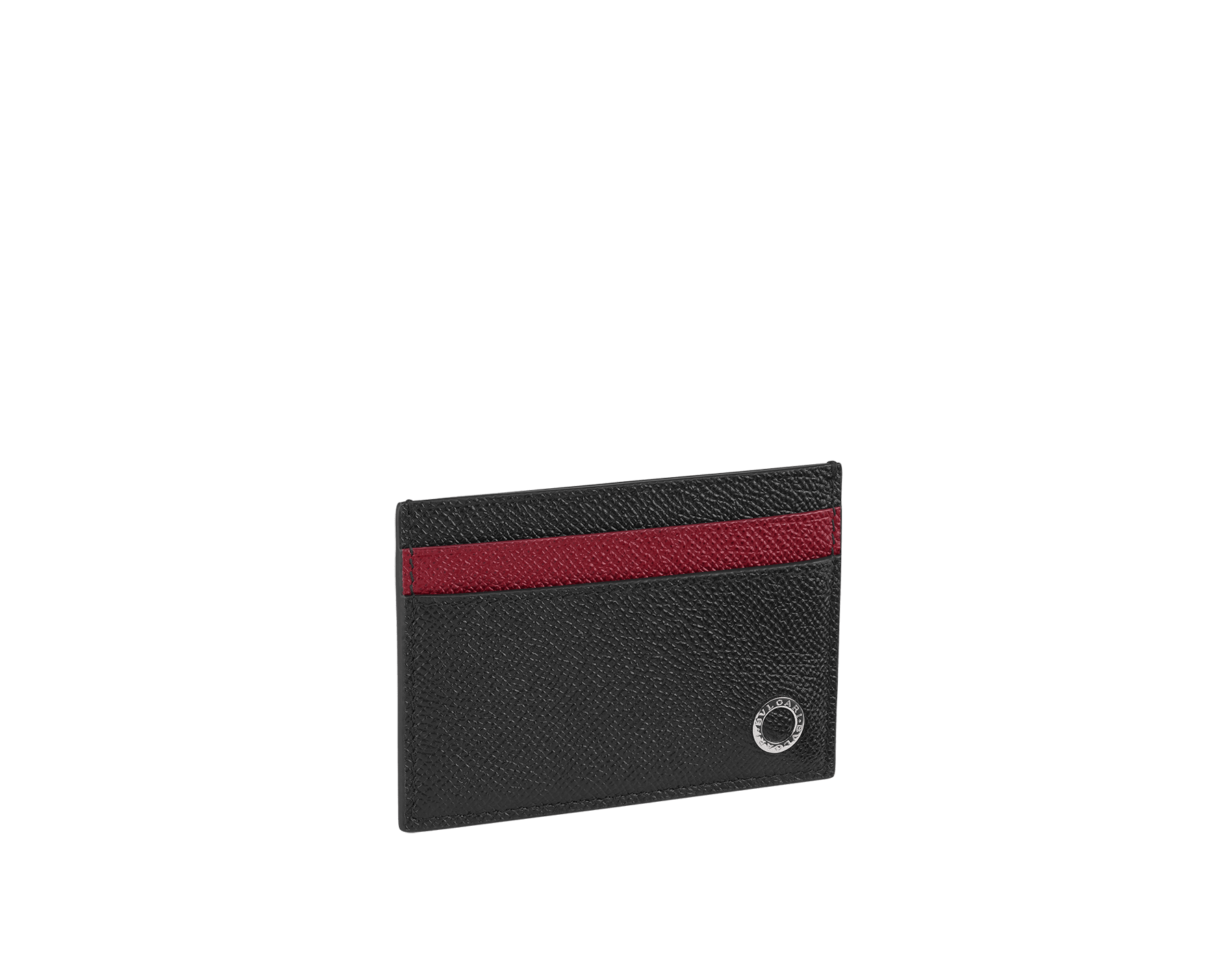 BULGARI BULGARI men's card holder in black grain calf leather with ruby red grain calf leather detail. Iconic palladium-plated brass décor. 291626 image 1
