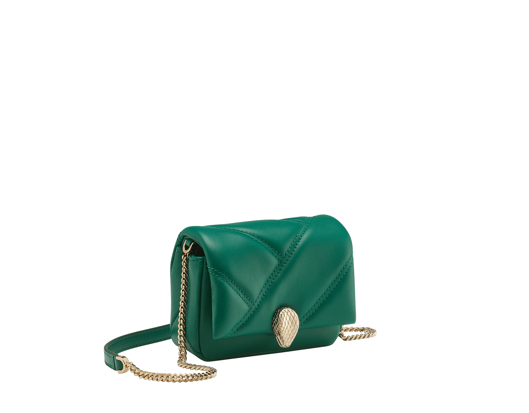 Serpenti Cabochon micro bag in gold calf leather with a maxi matelassé pattern and black nappa leather lining. Captivating snakehead closure in light gold-plated brass embellished with red enamel eyes. SCB-NANOCABOCHONb image 1