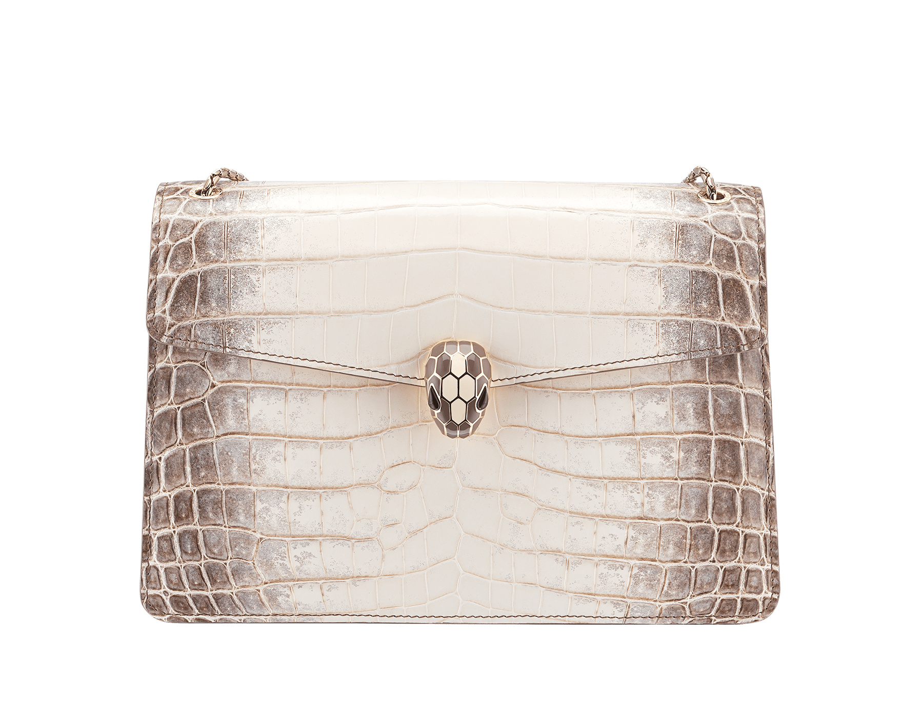 Сумка на плечо Serpenti Forever, кожа крокодила цвета белого агата с переливающимся и жемчужным эффектом. Фирменная застежка в виде змеиной головы из латуни с покрытием из светлого золота, чешуйки из черной эмали и перламутра, глаза из синего лазурита. 521-CRc image 1
