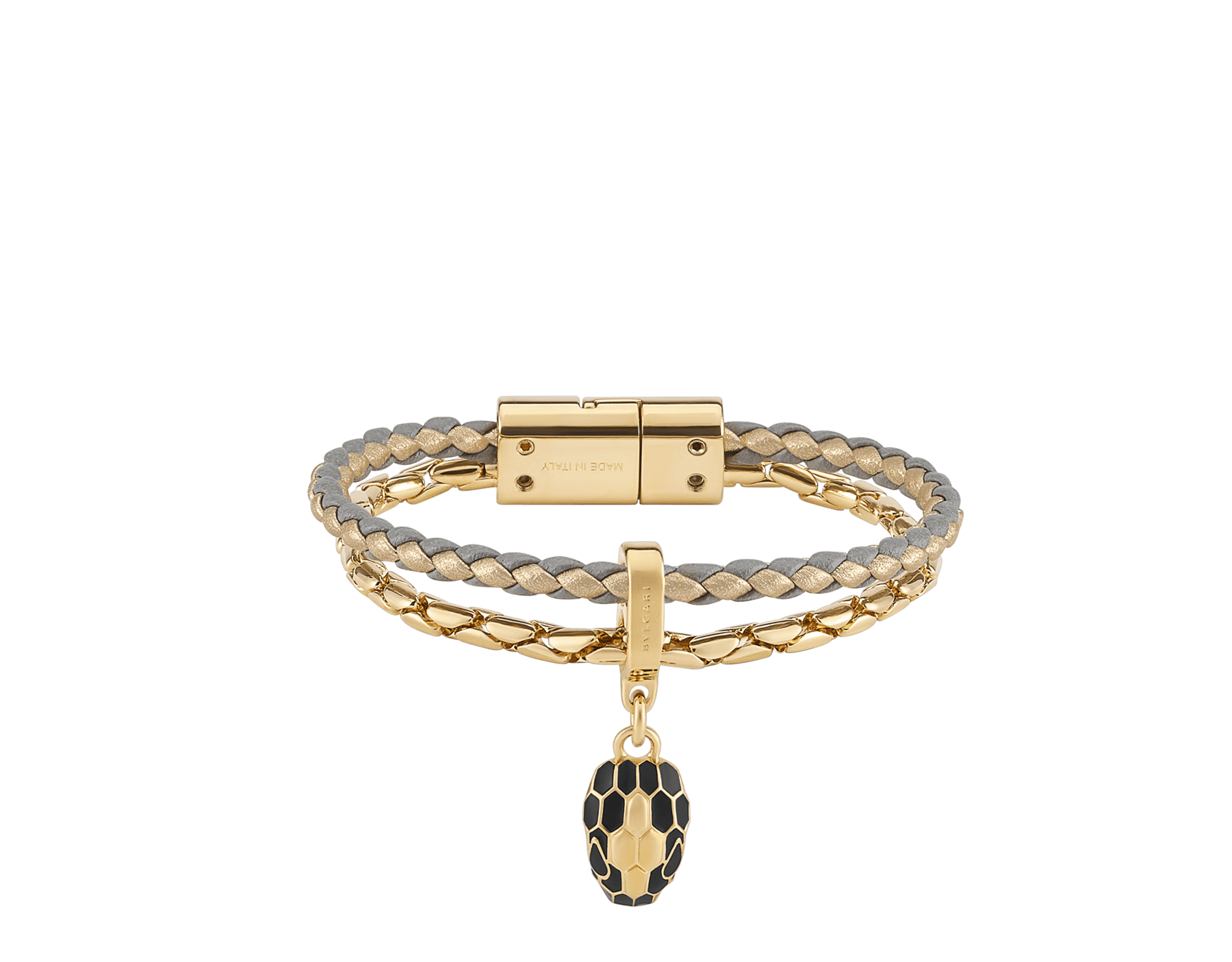 Serpenti Forever 手環，採用灰色與淡金色編穗小牛皮，金色黃銅鍊帶，磁扣開合。迷人的蛇頭吊飾飾以黑色琺瑯與金色黃銅蛇鱗，蛇眼飾以黑色琺瑯。 SERP-BRAIDCHAIN-GREY image 1
