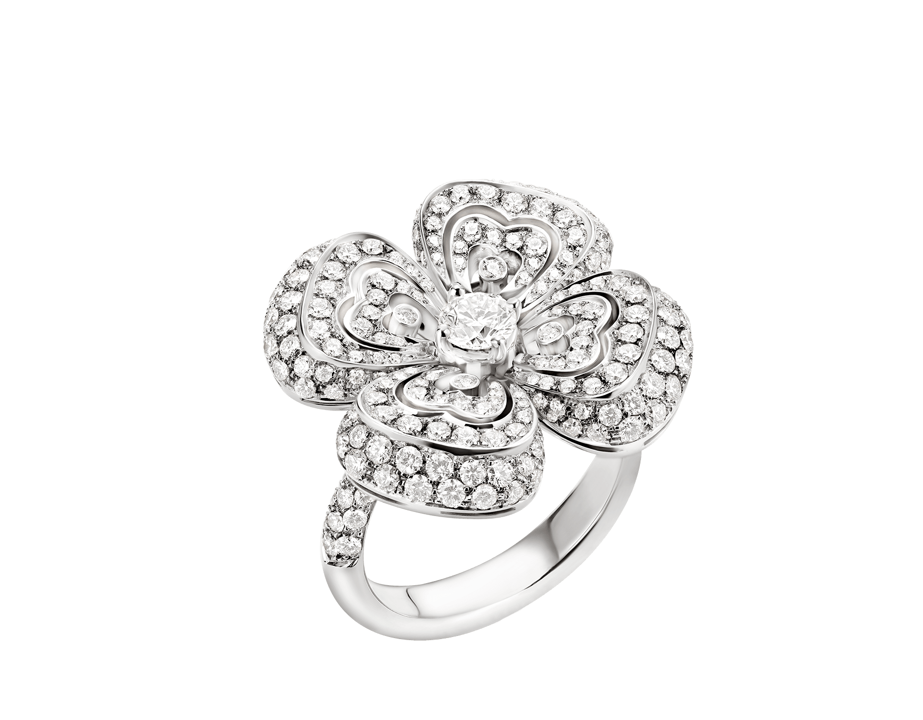 In der Zartheit ihrer schimmernden Diamant-Pavé-Blütenblätter feiert der Fiore di Bulgari Ring die exquisite Schönheit der Natur mit einem romantischen und kostbaren Design. RV258 image 1